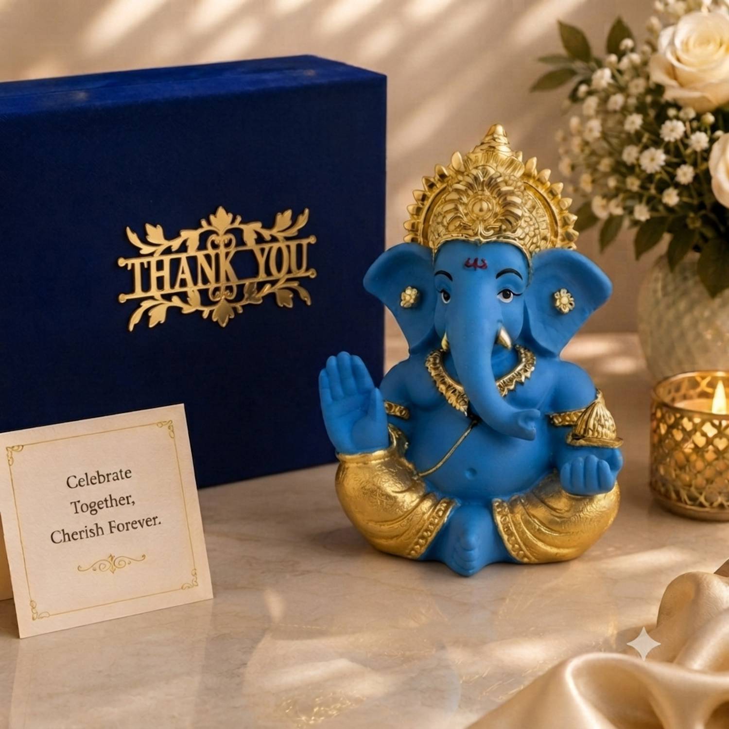 STARLIGHT Resin Ganpati Idol Blue, Gold Plated, Velvet Box, Bag & For Thanks Giving Decorative Showpiece  -  5 cm