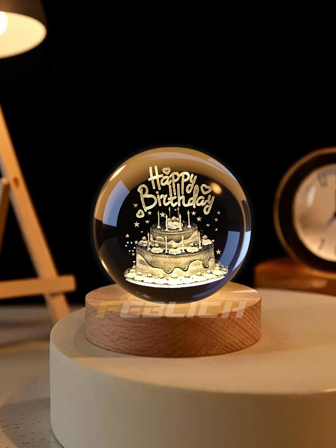 Image of KASHTHBHANJAN 3D Crystal Happy Birthday Lamp Decorative Showpiece Decorative Showpiece - 7 cm
