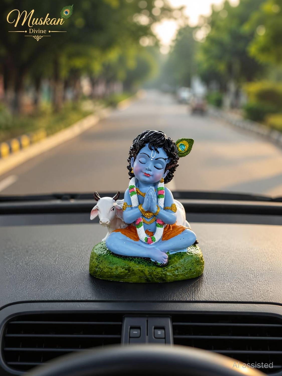 Muskan Divine Baal Krishna With Cow For Car Dashboard and Home Decor or Gifting Decorative Showpiece  -  8 cm