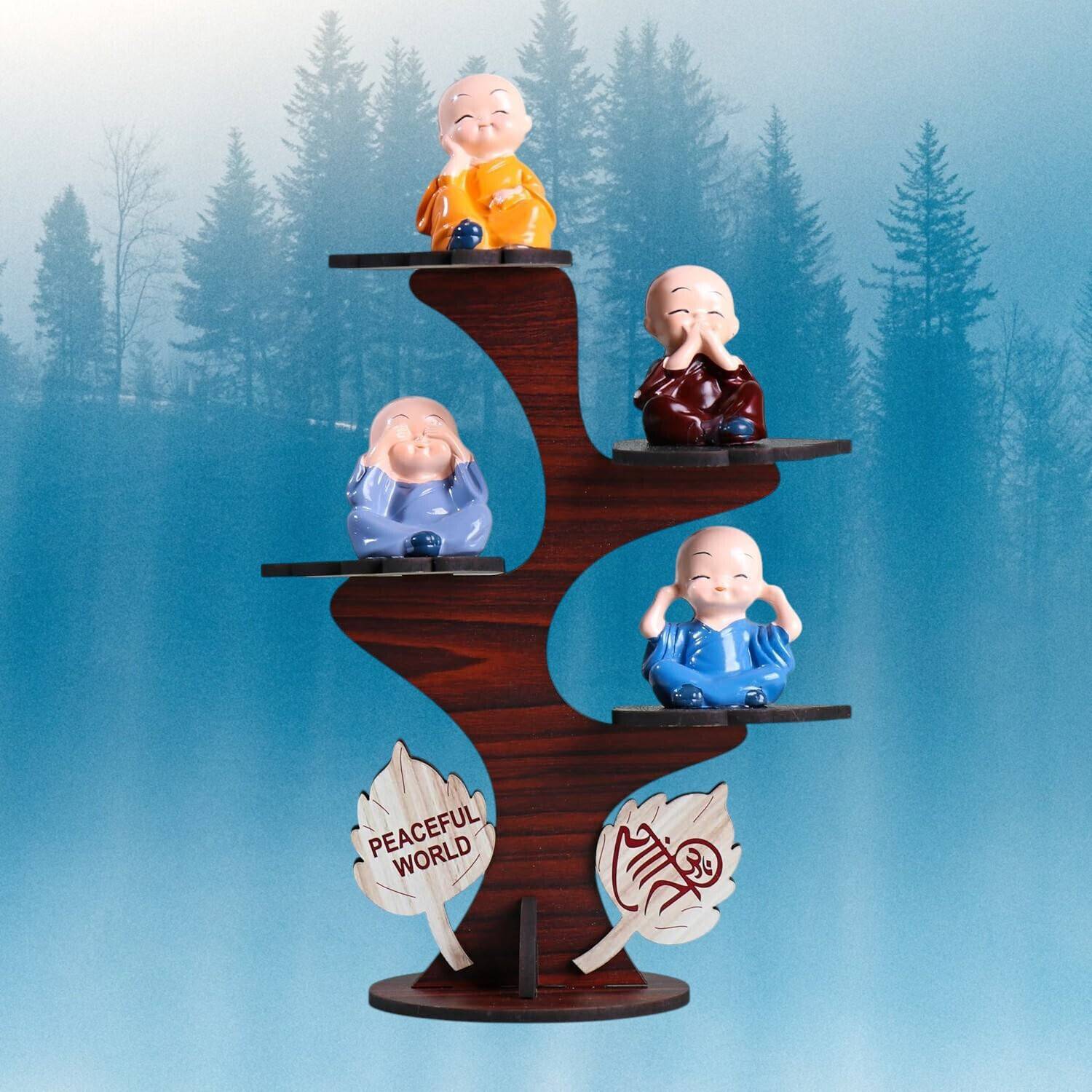 Lavidi Handcrafted Zen Buddha Monk Figurines with Wooden Tree