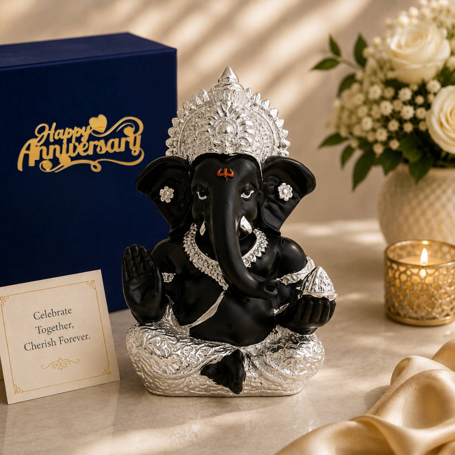 STARLIGHT Resin Ganpati Idol Black, Silver Plated, Velvet Box, Bag & Anniv Tag Decorative Showpiece - 5 cm