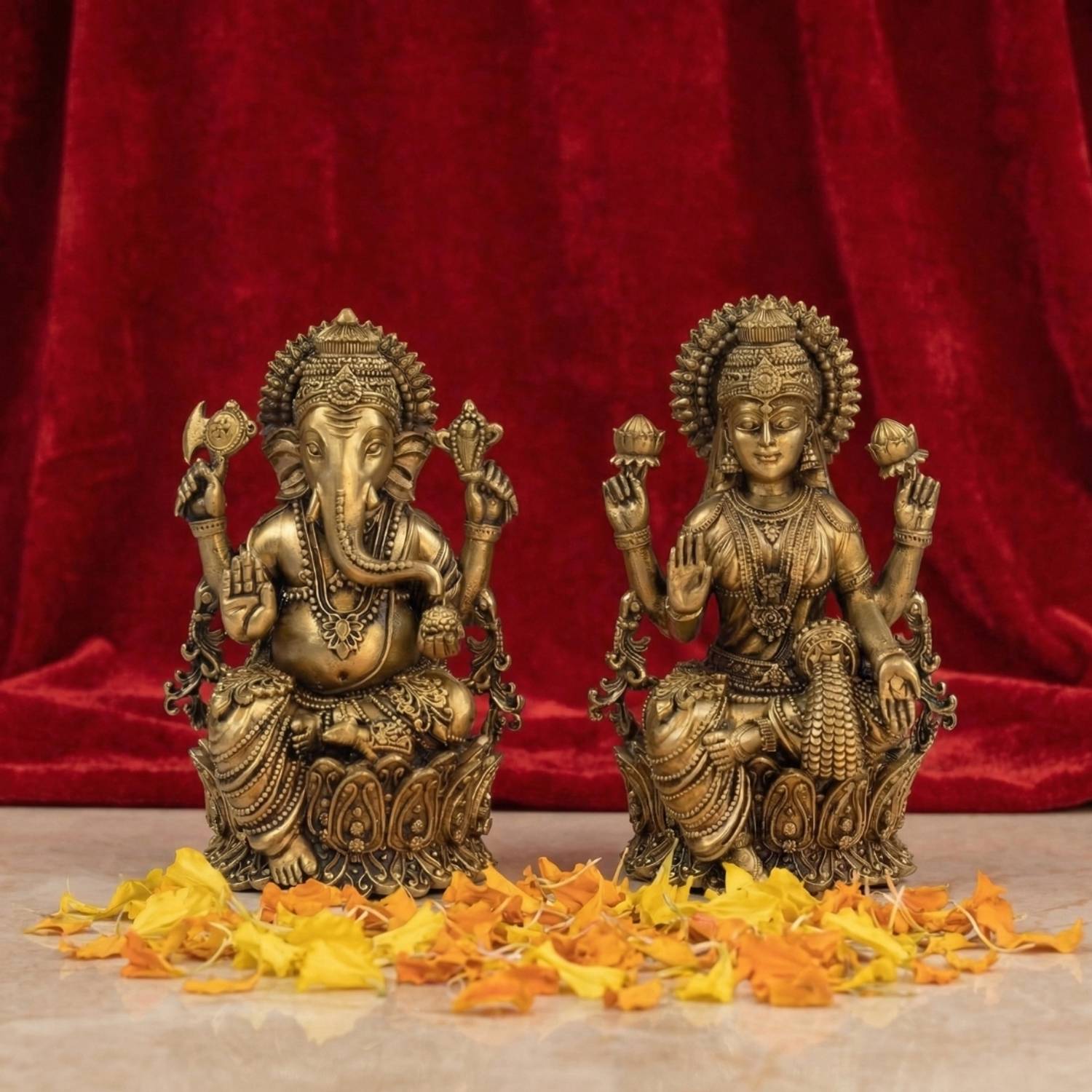 hinduportal Brass Lakshmi Ganesh Idol Set | Laxmi Ganpati Murti for Puja & Spiritual Decor Decorative Showpiece - 12 cm