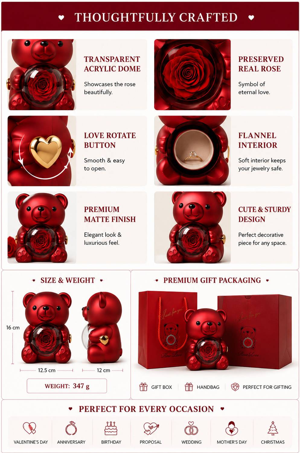 Gridcart Rose Bear Jewelry Box 14cm Red - Image 2
