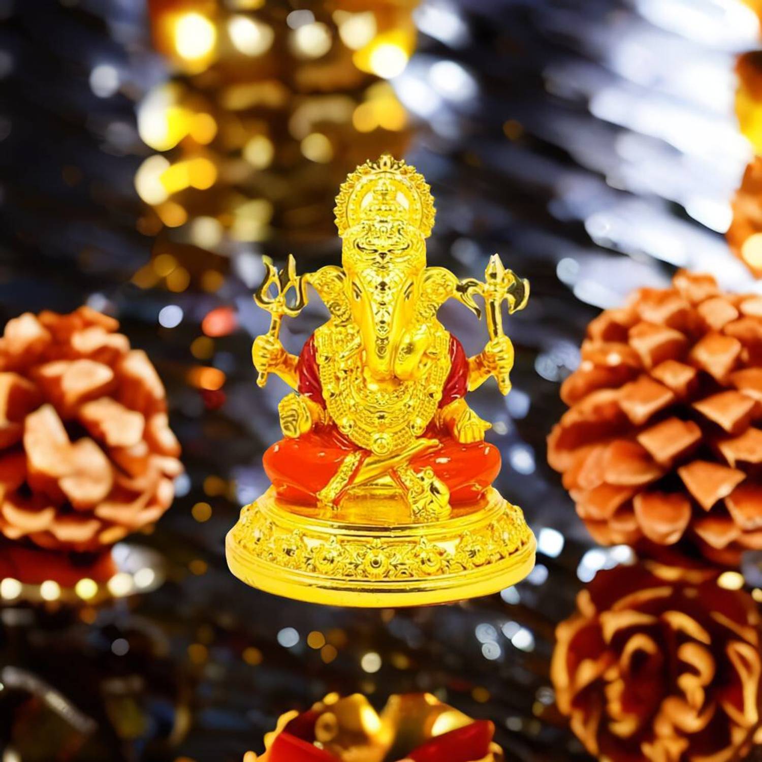 shyam lalla handicraft Dagdusheth Inspired Ganpati Idol – 24K Gold Plated Marble Murti for Pooja Room Decorative Showpiece - 6 cm