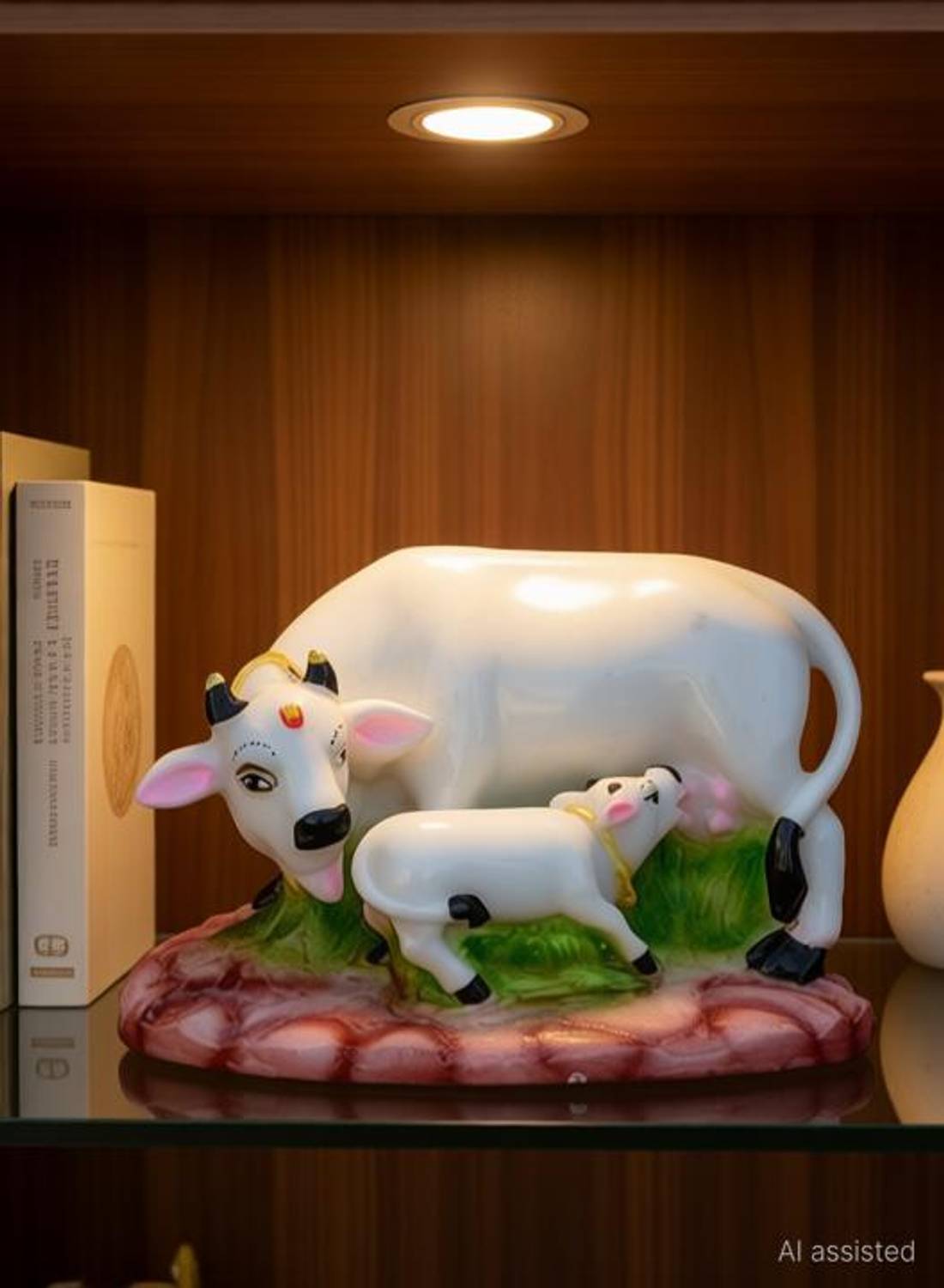 AROHI ENTERPRISES Decorative Cow and Calf big Statue | Marble dust | Poly-Resin | Spiritual Vastu Nandi Pooja Figurine Sculpture | Kamdhenu Marble Studded Gau Mata Animal Puja Idols Showpieces 6-inch Decorative Showpiece  -  12 cm