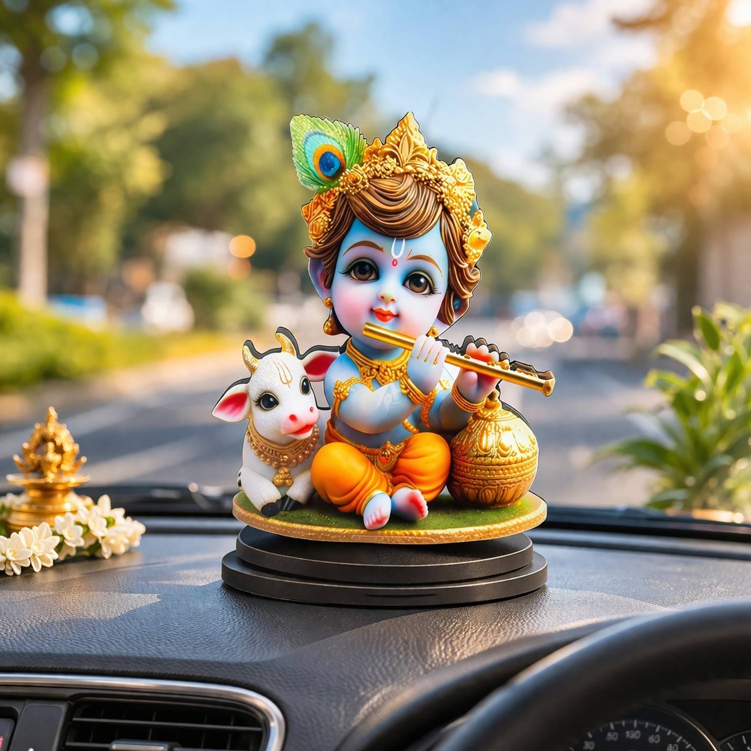 Adiguru Wooden MDF Krishna with Cow Idol for Home, Office & Car Use Decorative Showpiece - 10 cm