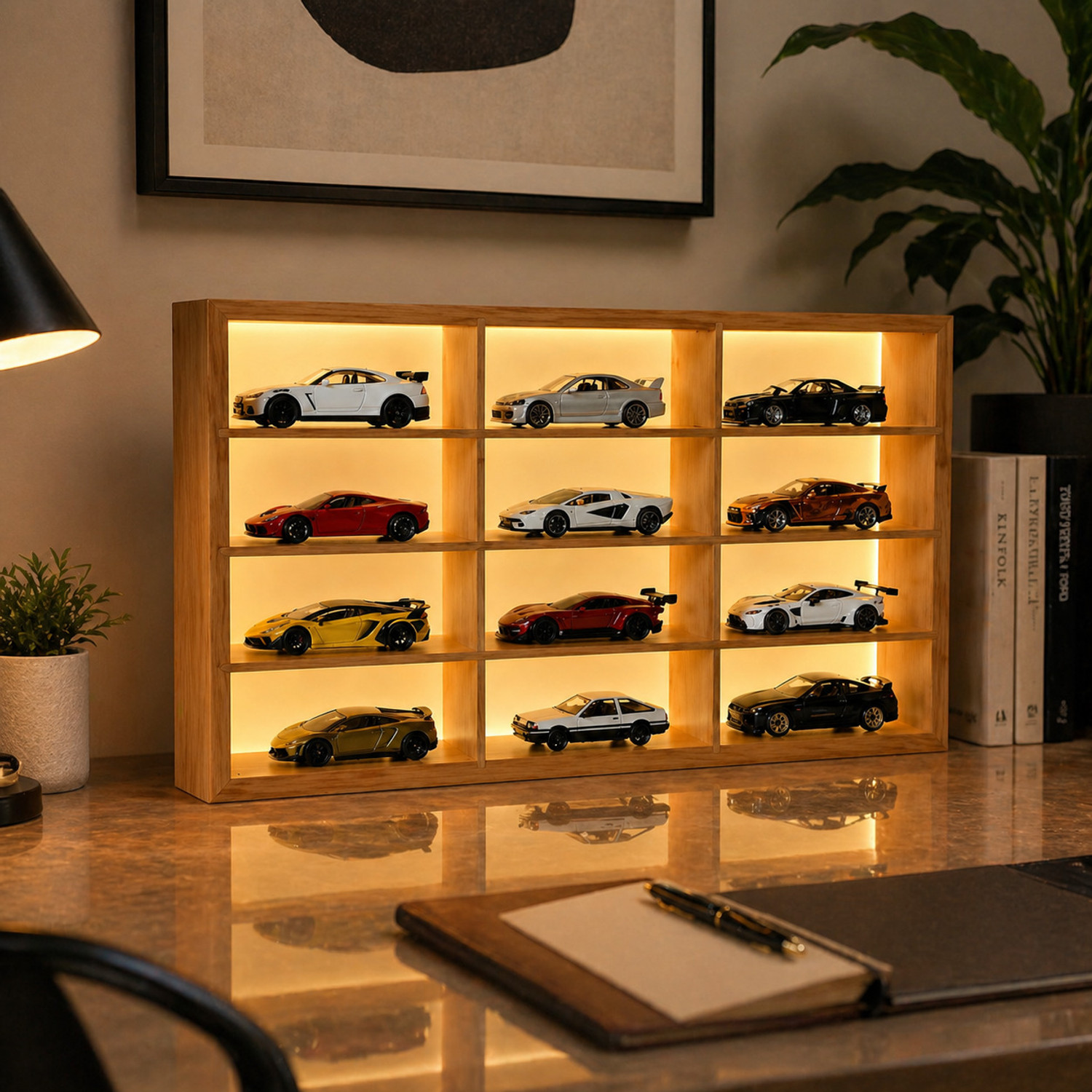 Image of Fancy Things LED Wooden 12 Slot Diecast Display Shelf with 12 Cars (Hot Wheels Compatible) Decorative Showpiece - 26 cm
