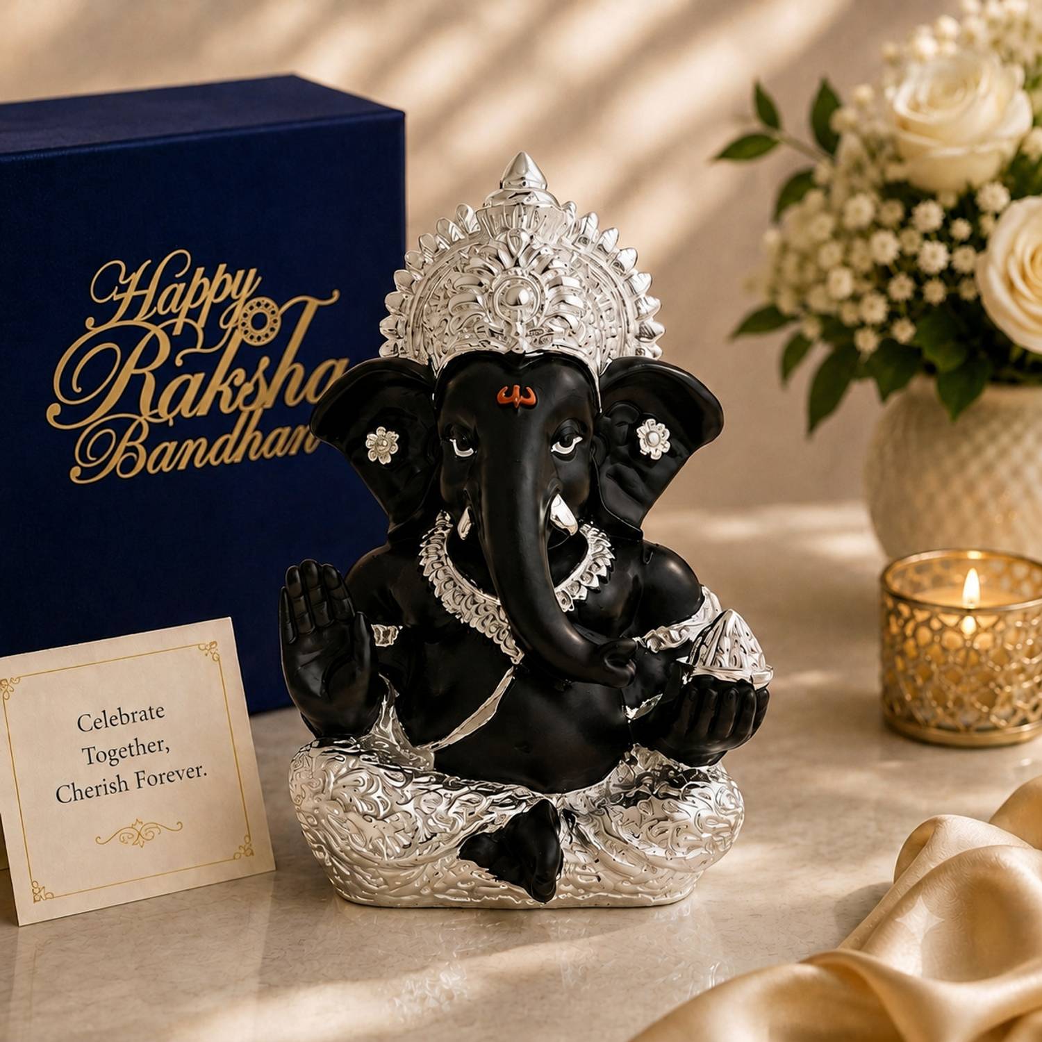 STARLIGHT Resin Ganpati Idol Black, Silver Plated, Velvet Box, Bag & Rakhi Tag Decorative Showpiece  -  5 cm