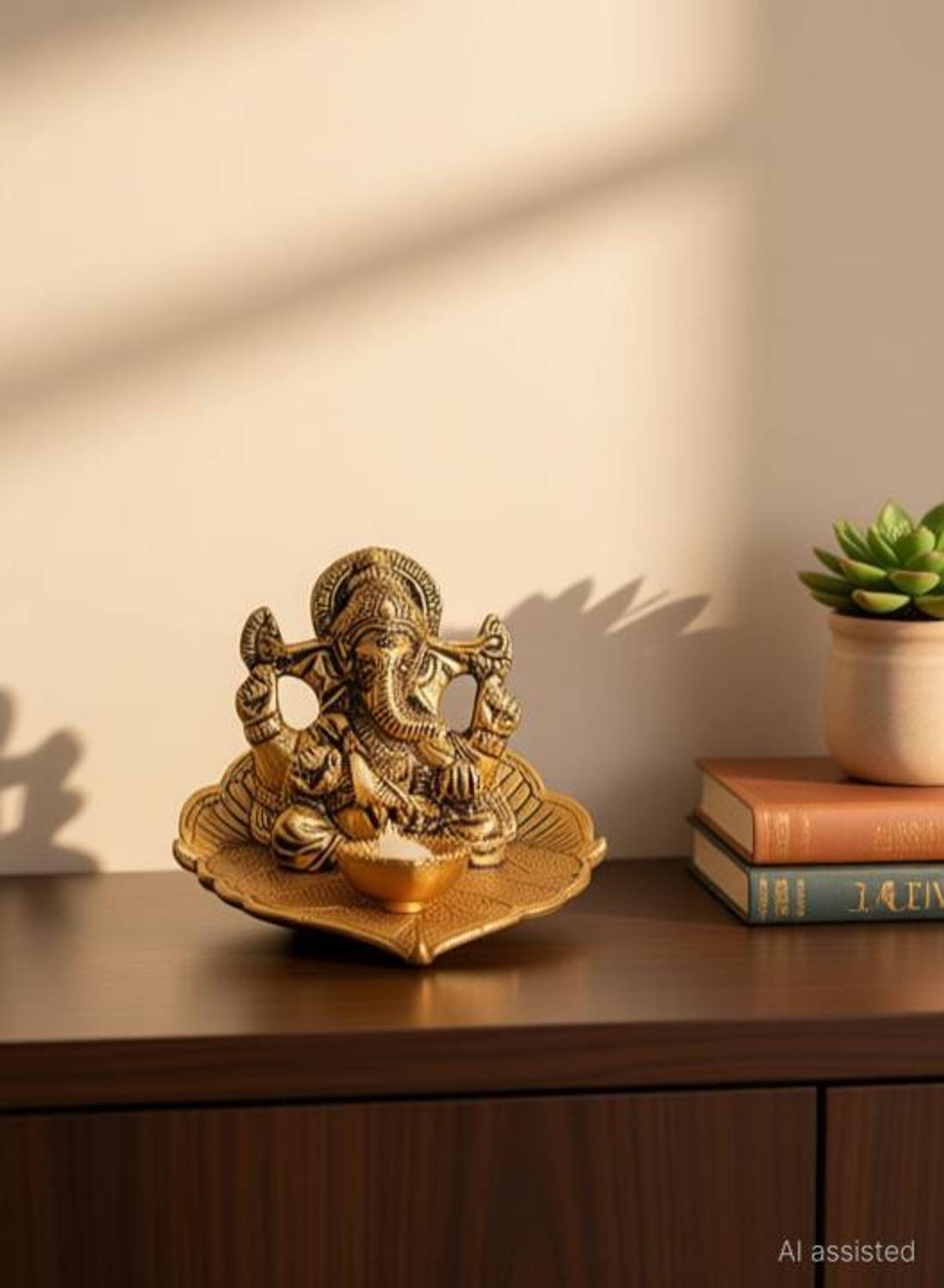 Chandra Art Collection Lord Ganesh Sitting on Leaf With Diya Decorative Showpiece  -  8 cm