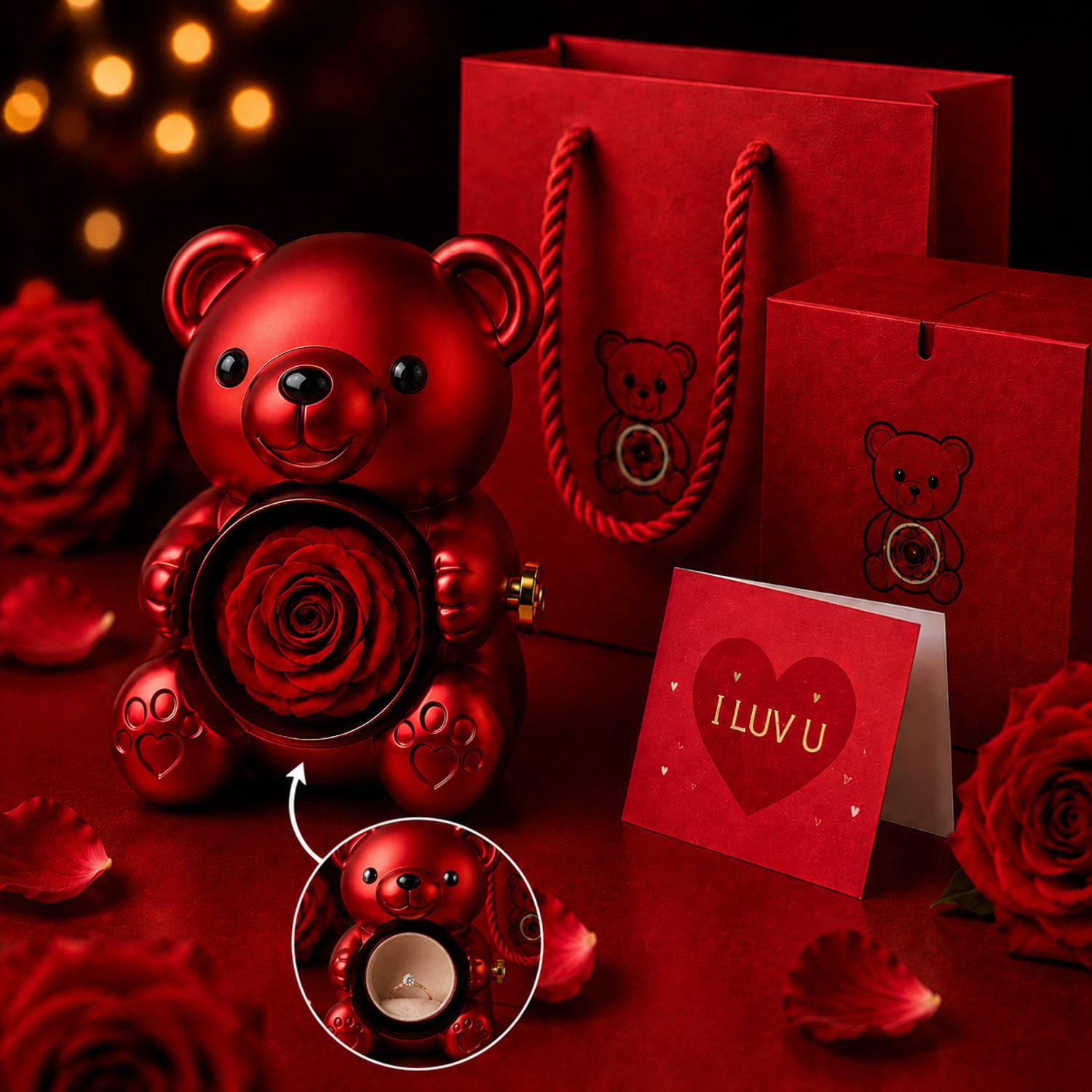 Gridcart Rose Bear Jewelry Box 14cm Red - Image 1