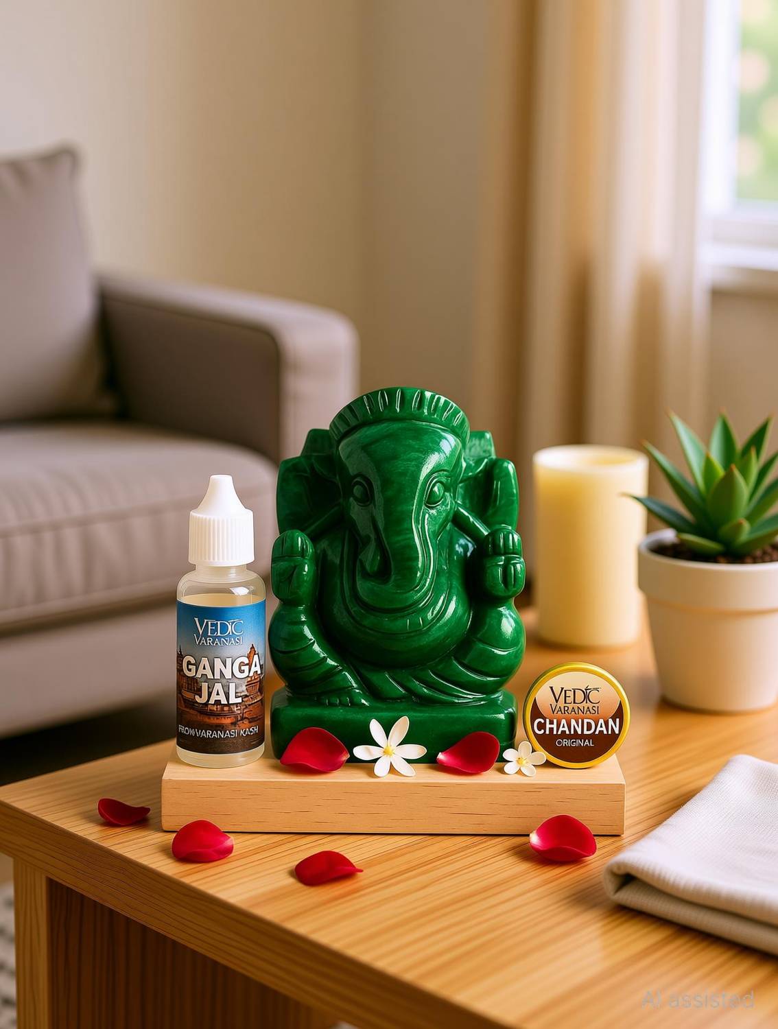 Vedic Varanasi Original Margaj Ganesha Idol | Green Jade Ganpati for Wealth & Vastu - 30g Decorative Showpiece - 3 cm