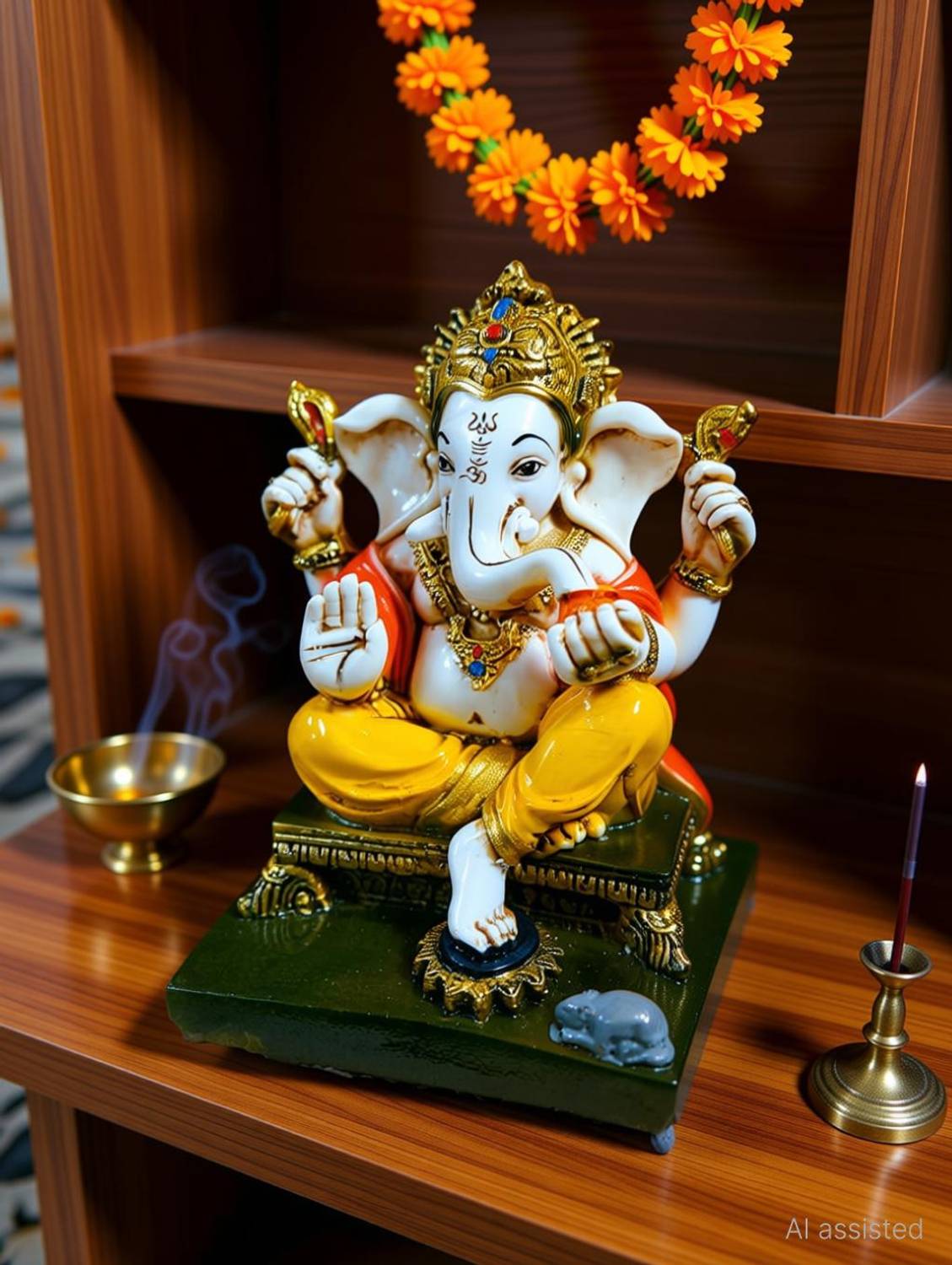 KRAAFTIQUE ARTS Lord Ganesha Sitting on Singhasan with Mouse Statue Decorative Showpiece - 17 cm