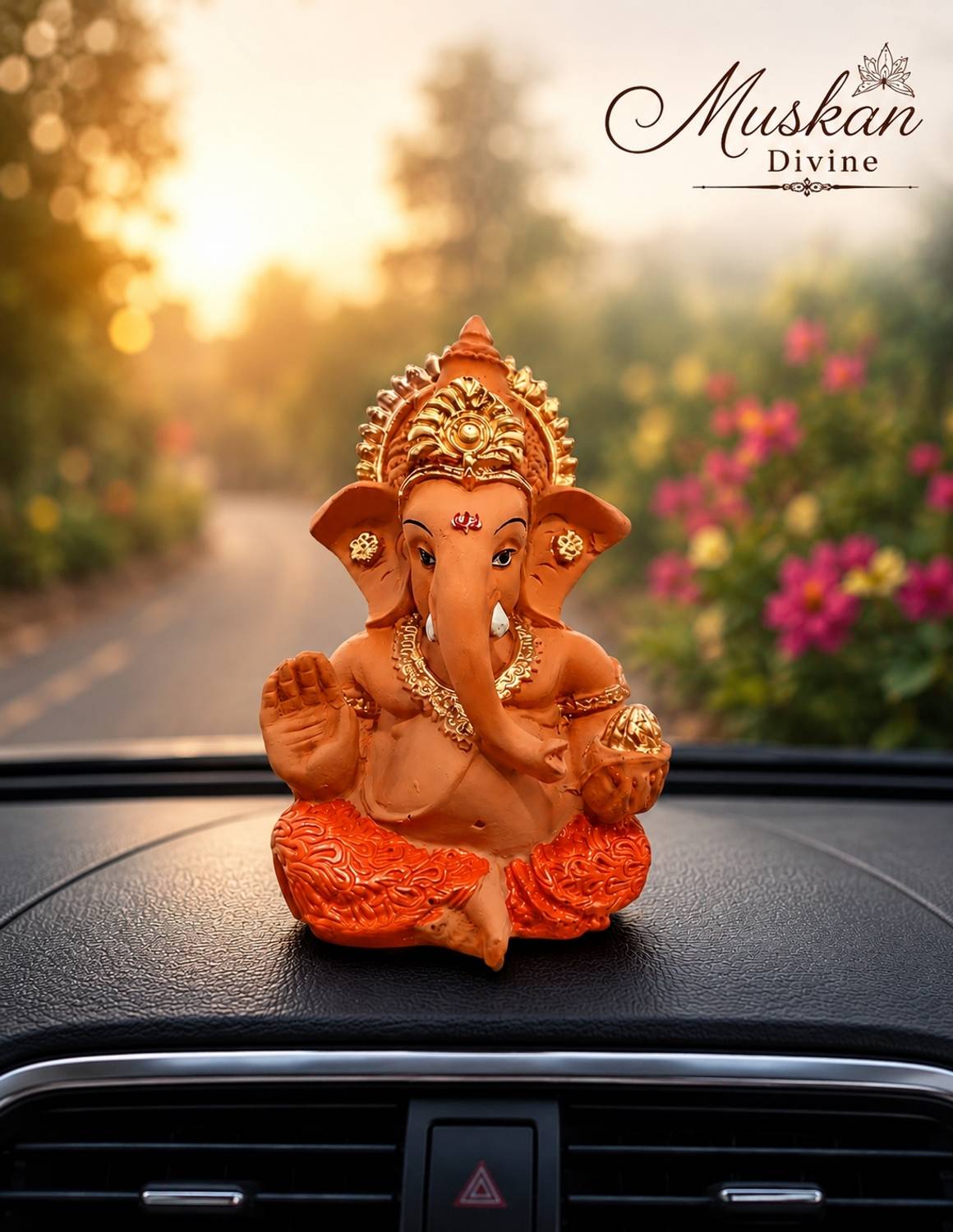 Muskan Divine Divine Ganesh ji Idol for Car Dashboard with Gold Finishing or perfect for Gift Decorative Showpiece  -  8.5 cm