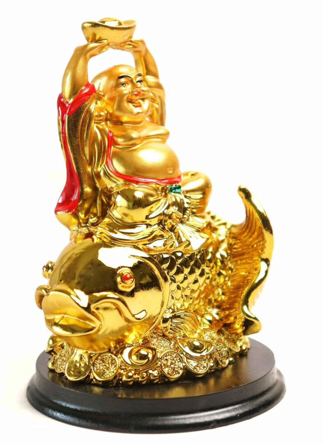 Image of The Spiritual Living Laughing Buddha Idol on Arowana Fish| Decorative Showpiece for Home & Office| Decorative Showpiece - 10.2 cm