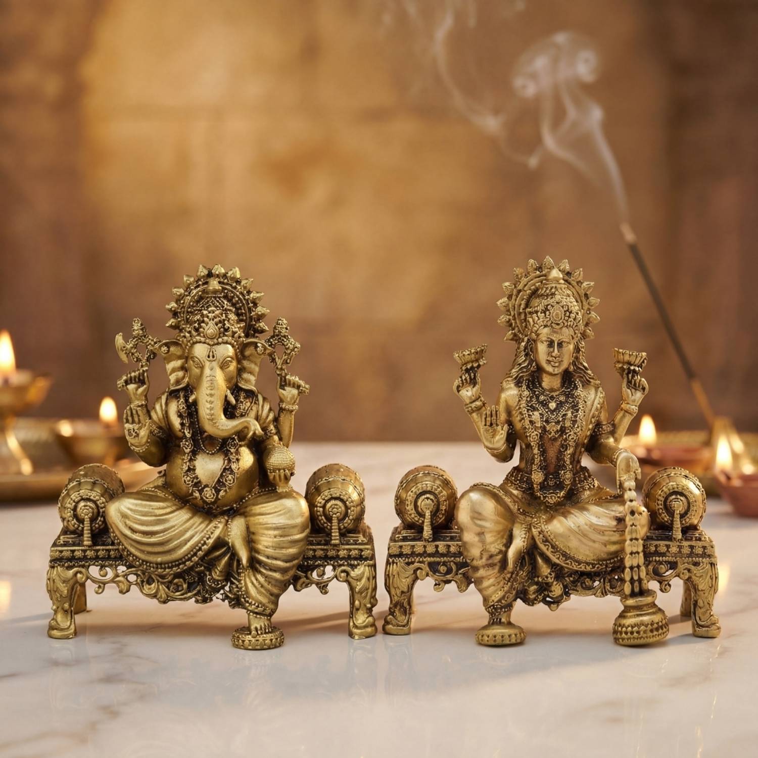 hinduportal Pure Brass Lakshmi Ganesh Murti Pair on Royal Seat for Home Mandir Decorative Showpiece - 10 cm