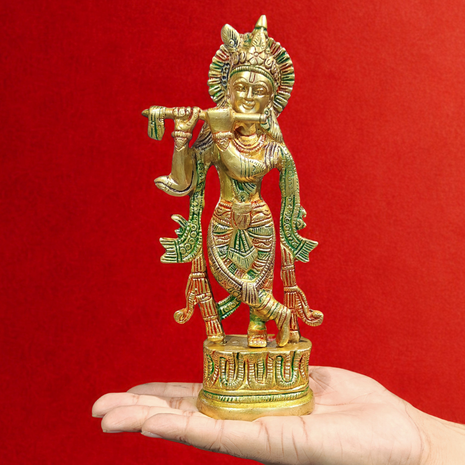 Image of Craftcart Lord Krishna Brass Idol | Premium Quality | Pure Brass | w: 1 Kg | Decorative Showpiece - 22.5 cm