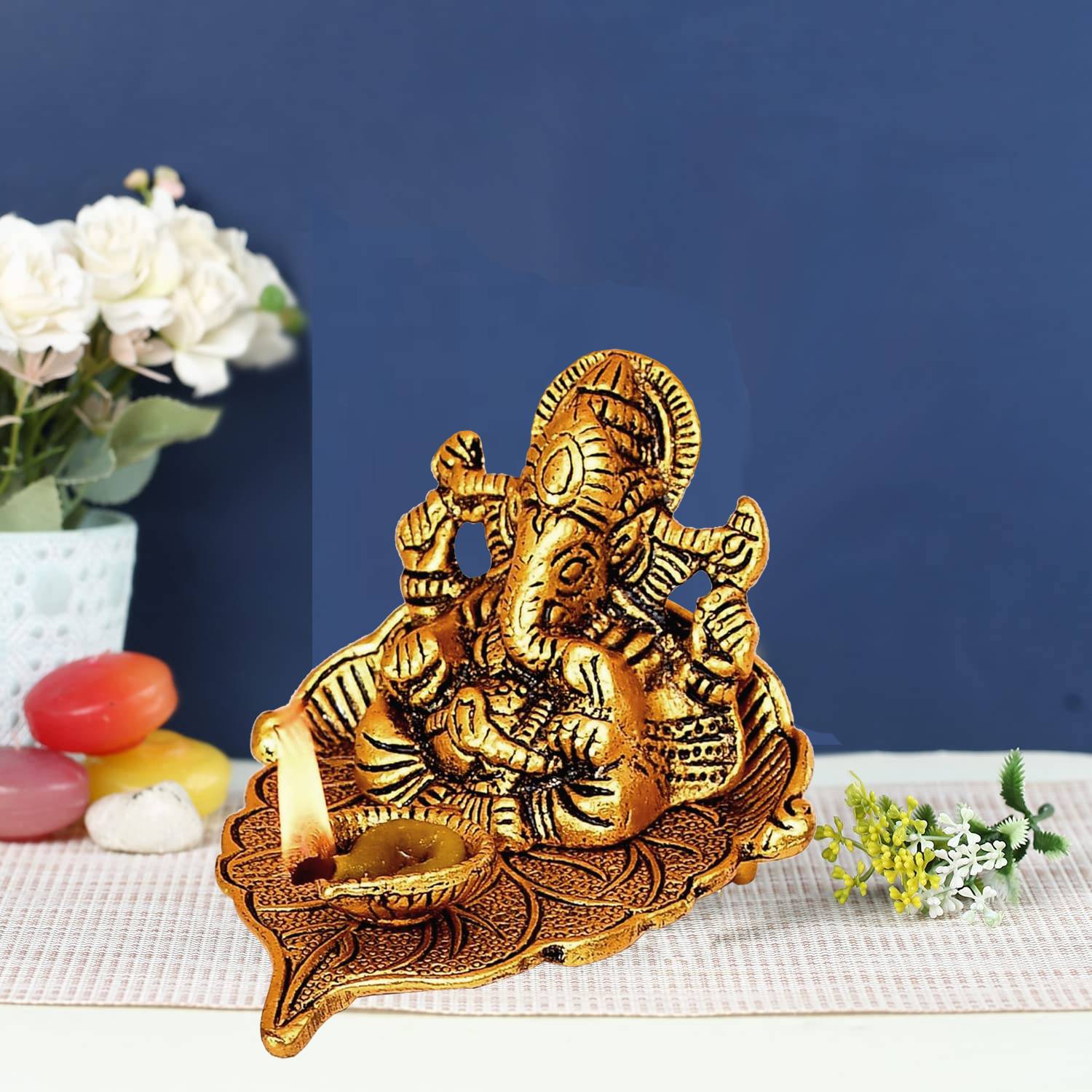 NOKTUS Ganesh Deepak on Leaf |Ganesha Diya Murti for Temple Decor|Religious Idol Decorative Showpiece - 8 cm