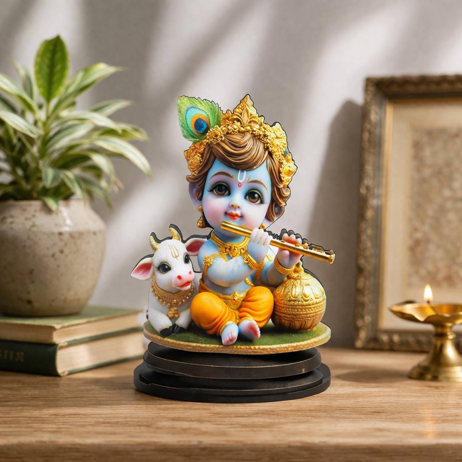 Adiguru Decorative Cow Krishna MDF Cutout Idol for Car & Gift Use Decorative Showpiece - 10 cm