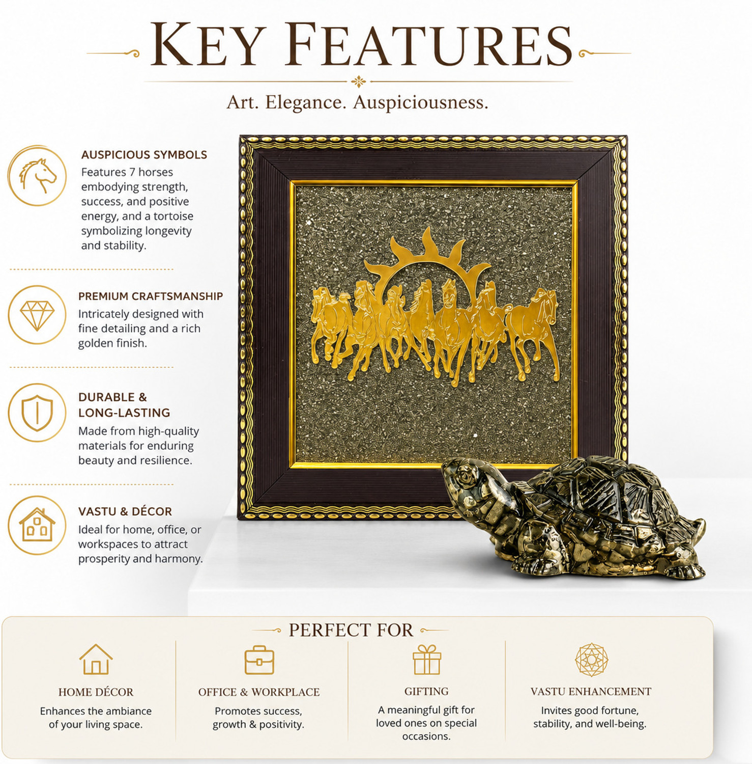 Image of Flaner 7 Horses On Raw Pyrite Frame With Pyrite Turtle for attract Money,Sucess Decorative Showpiece - 19 cm