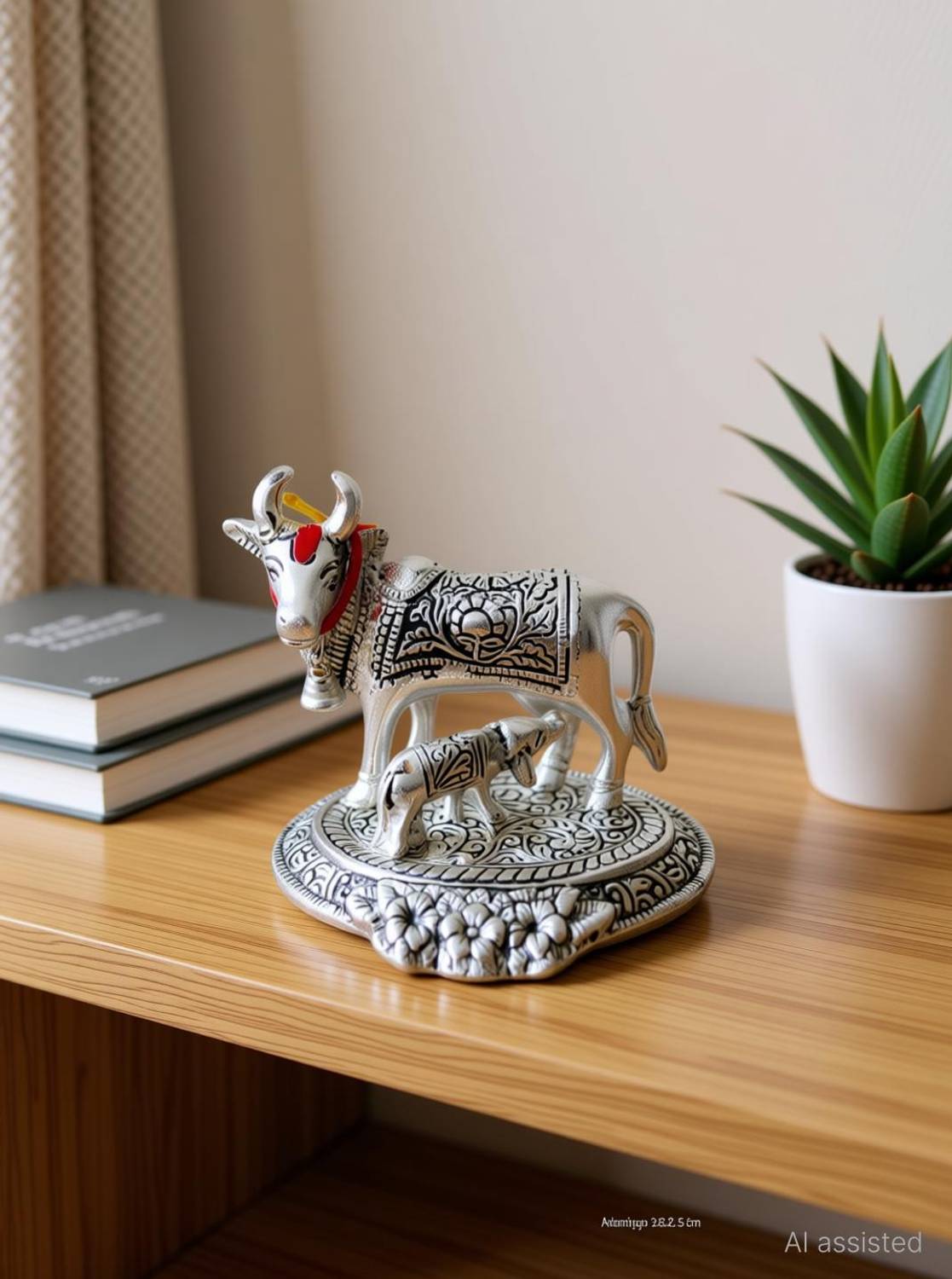 ABLOOM Antique Small Kamdhenu,Cow with Calf, Cow Size- 2x2.5 inch Decorative Showpiece - 17 cm