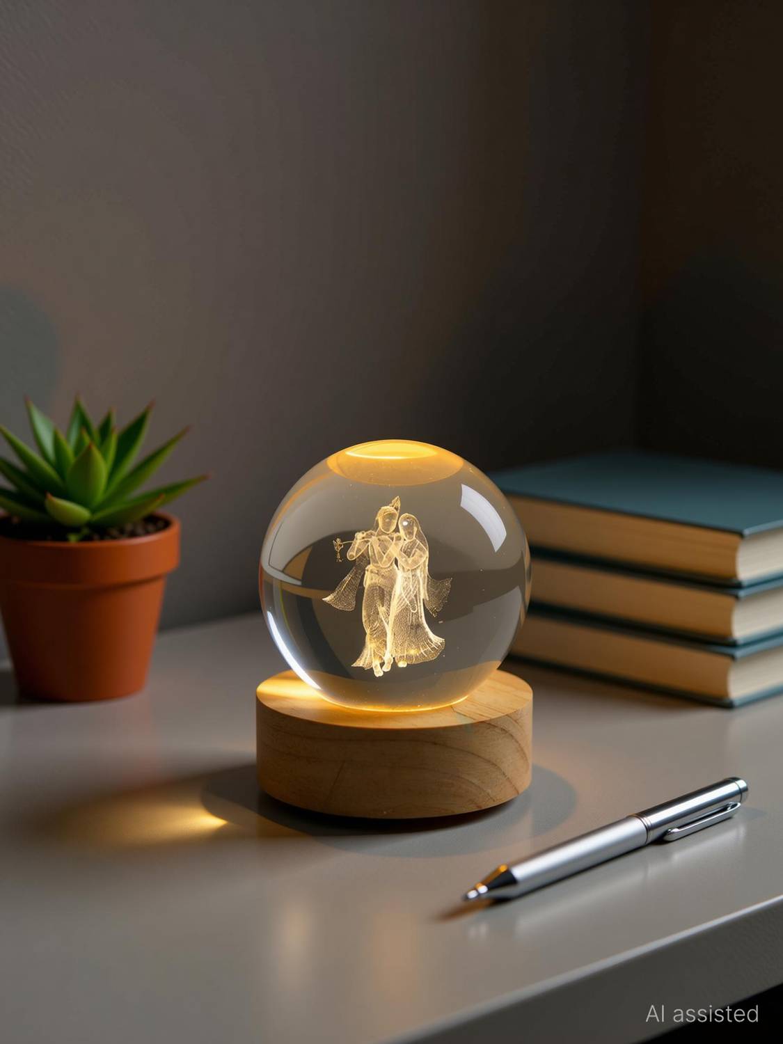 Kanha Enterprises Radha Krishna Crystal Ball Night Light USB Wooden Base for Home Office Gifts Decorative Showpiece - 8 cm