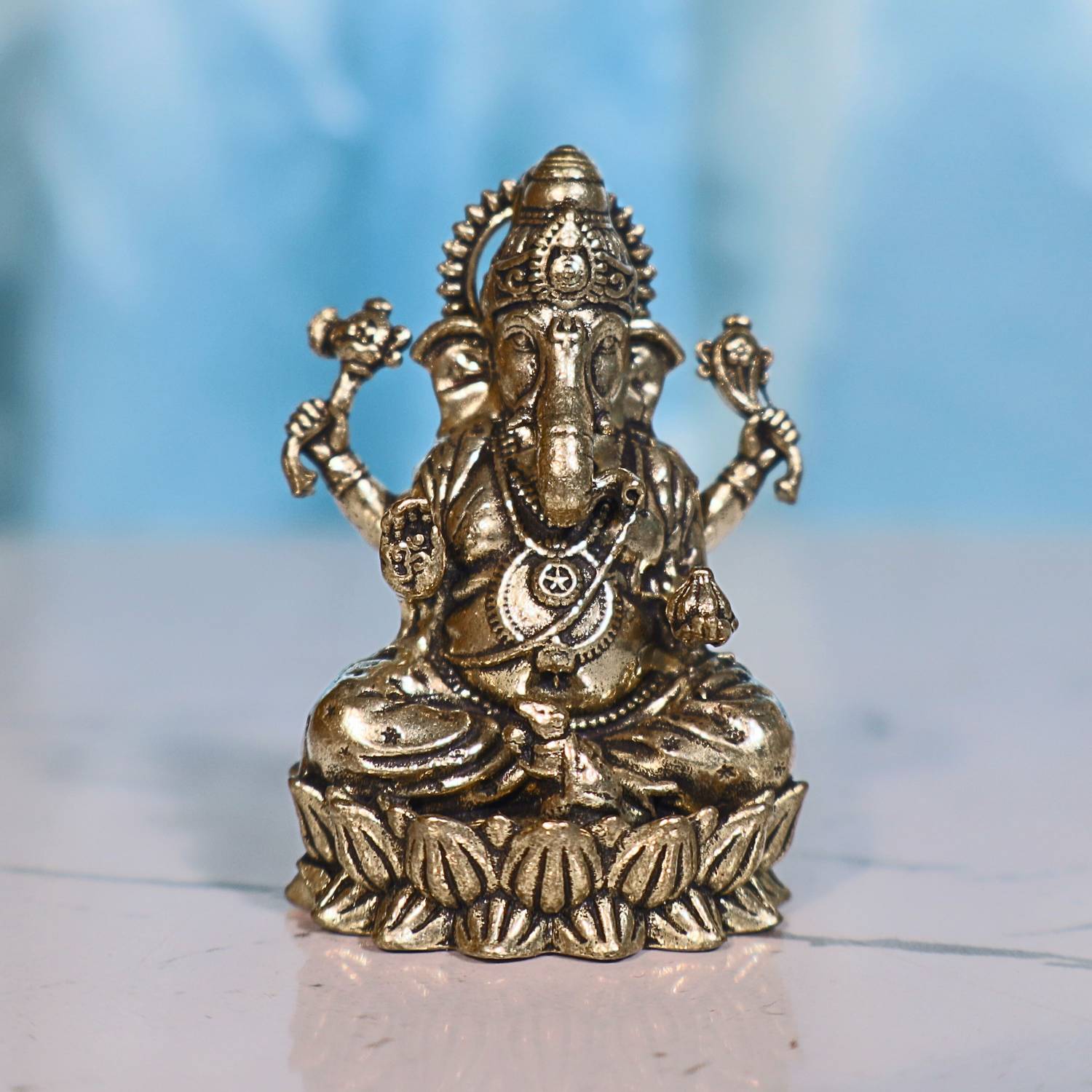 Antiqar Brass Ganesh Idol | Spritual use for Home, Temple & Car Dashboard Decor Decorative Showpiece - 4.5 cm
