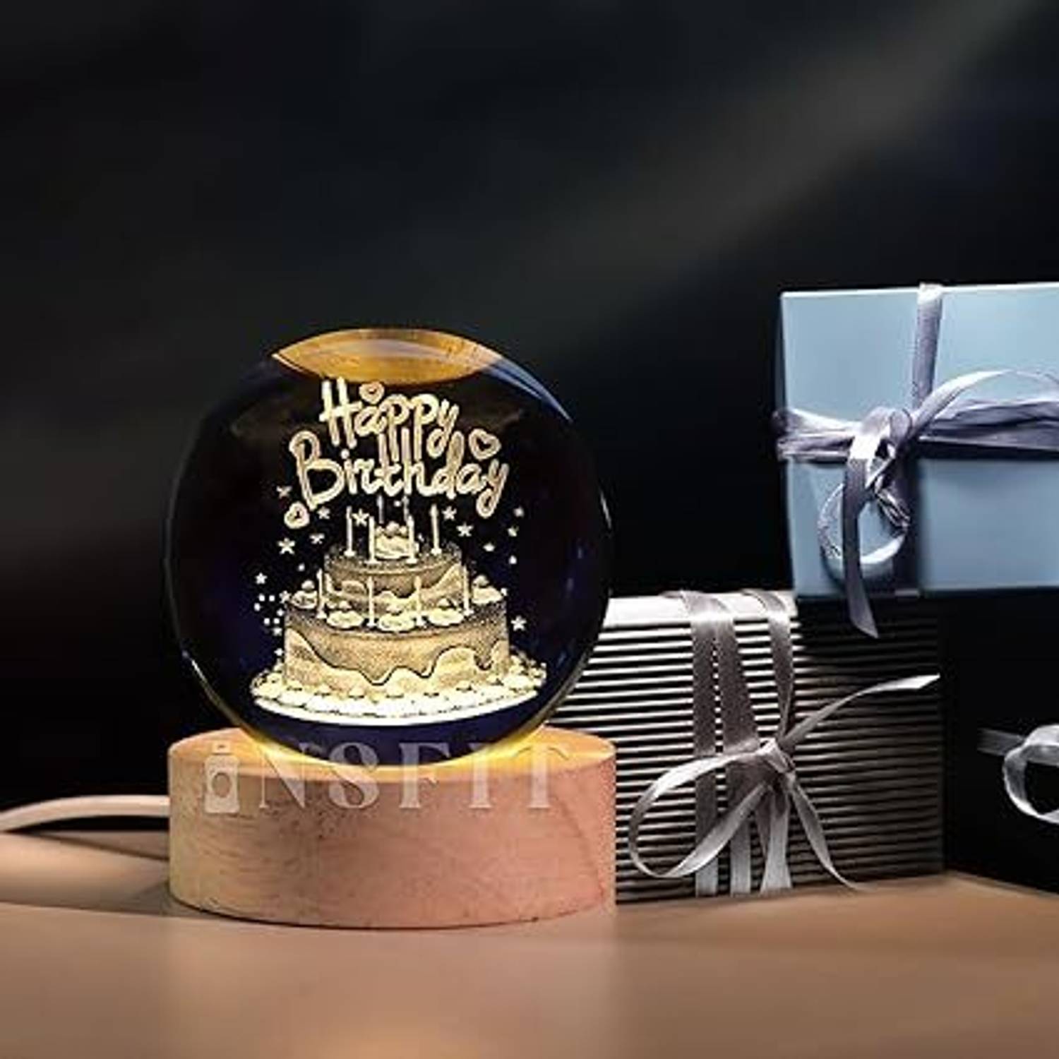 Aarvion 3D Happy Birthday Crystal Ball Light – LED Decorative Party Lamp Decorative Showpiece - 9 cm