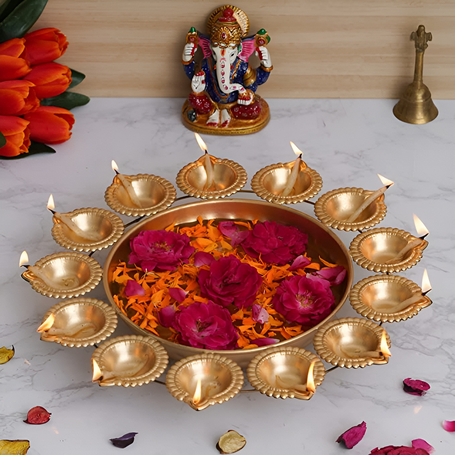 SK TRADERS Decorative Beautiful Handcrafted Urli for Floating Flowers and Tea Light Candles Decorative Showpiece - 35 cm