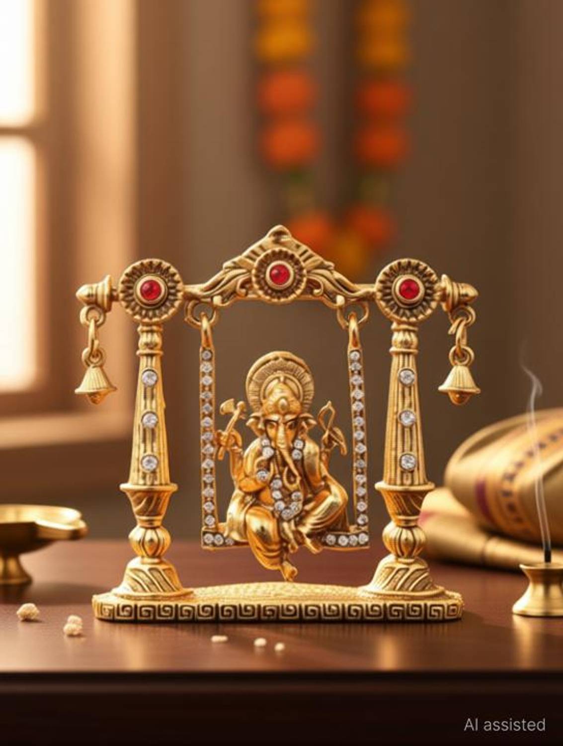 FOBHIYA Golden Brass Hindu God Shri Ganpati Idol Statue, Holy Spiritual Showpiece Jhoola Ganesha for Car Dashboard & Home Decor, Made in India Best for Gifting Decorative Showpiece  -  7 cm