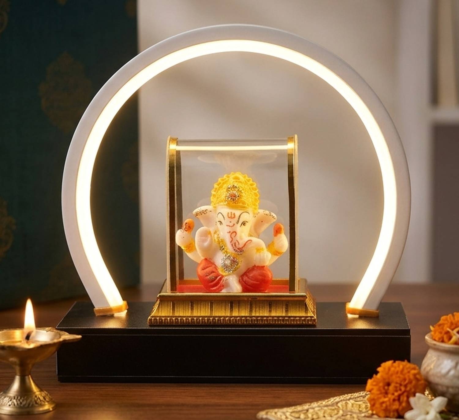 SGTDecor LED Ganesha Idol with Light Arch for Home Mandir Decor & Gifting (6 Inch) Decorative Showpiece - 16 cm