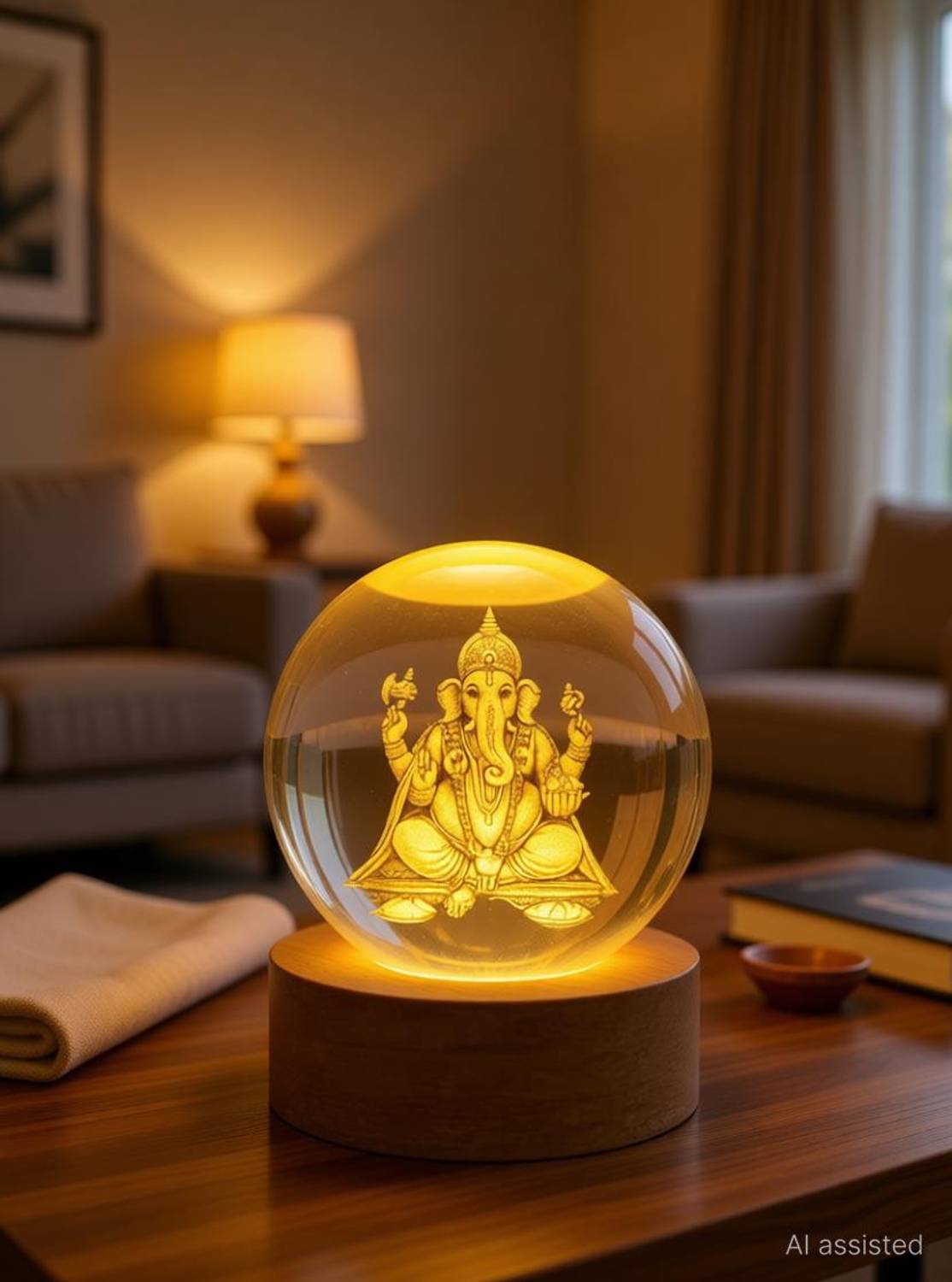 GANESHA 3D Crystal Ball Night Lamp Ganesh Ji | Home Decor & Gift for Men/Women Decorative Showpiece - 8 cm