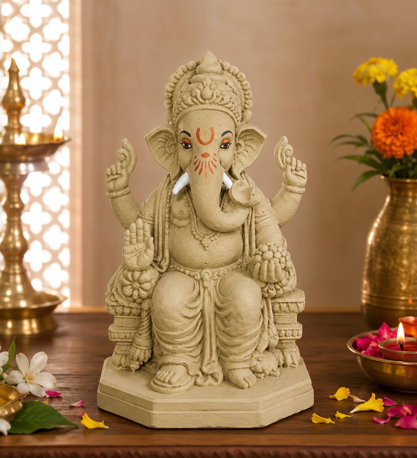 KSI Natural Clay Ganesh Murti | Handmade Mitti Ganpati Idol for Ganesh Chaturthi Decorative Showpiece  -  14.4 cm