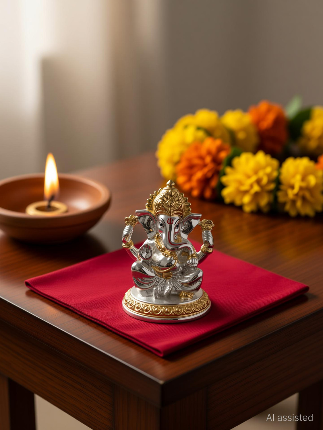 Image of Divya Collection Gold and Silver plated Lord Ganpati Decorative Showpiece - 8 cm (Gold Plated, Silver Plated, Gold, Silver)