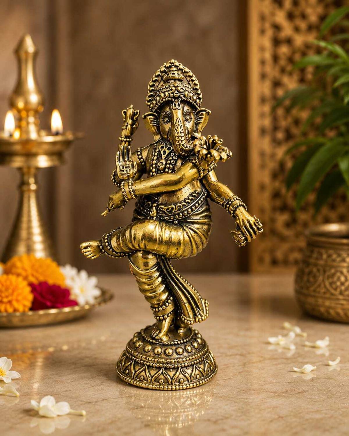 poojaarts Brass Dancing Ganesha Idol | Showpiece for Home Decor, Pooja & Festive Gifting Decorative Showpiece - 9.8 cm