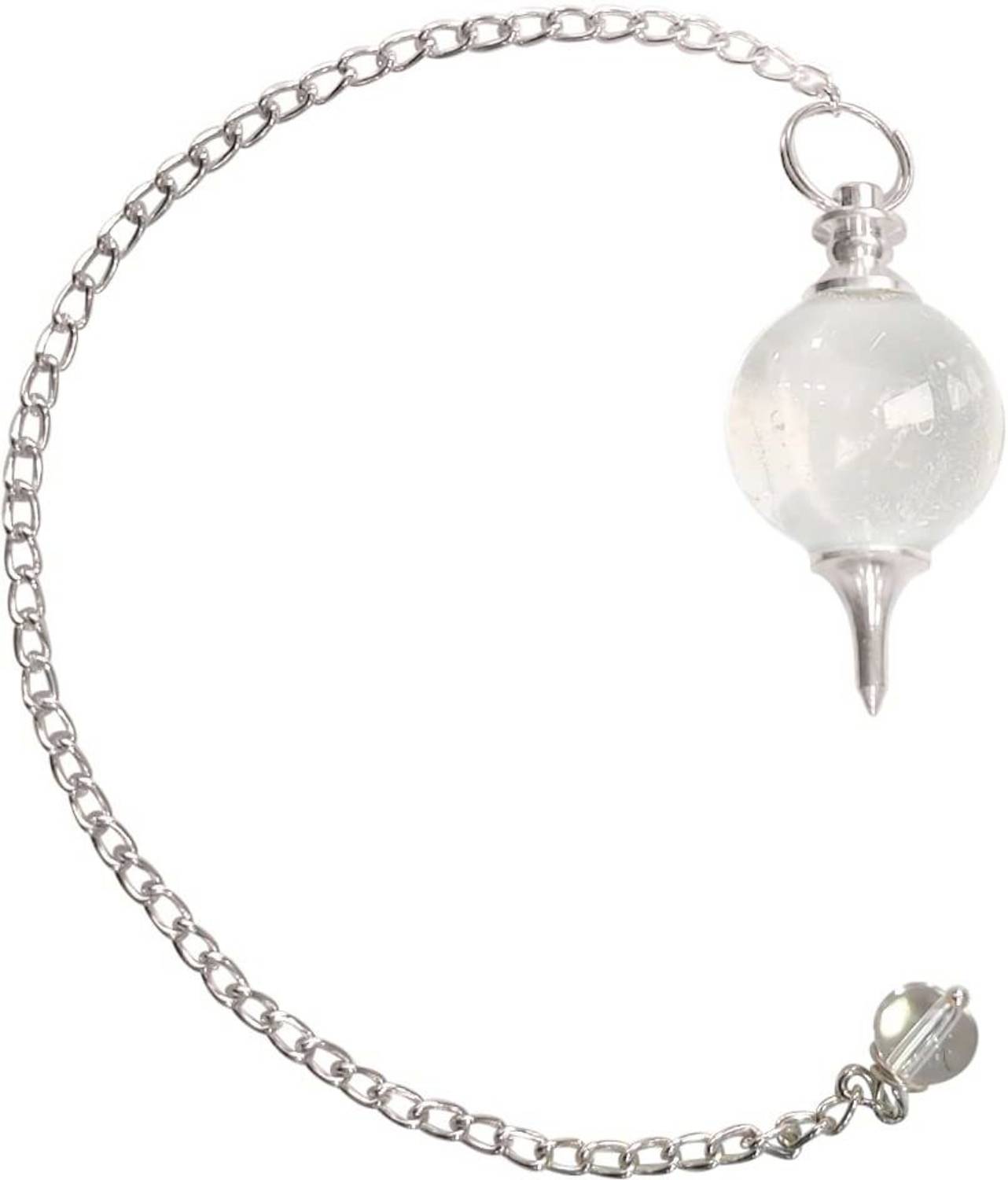 9dzine Clear Quartz Crystal Dowsing Ball Pendulum with Chain Beads for Reiki Healing Decorative Showpiece - 20 cm