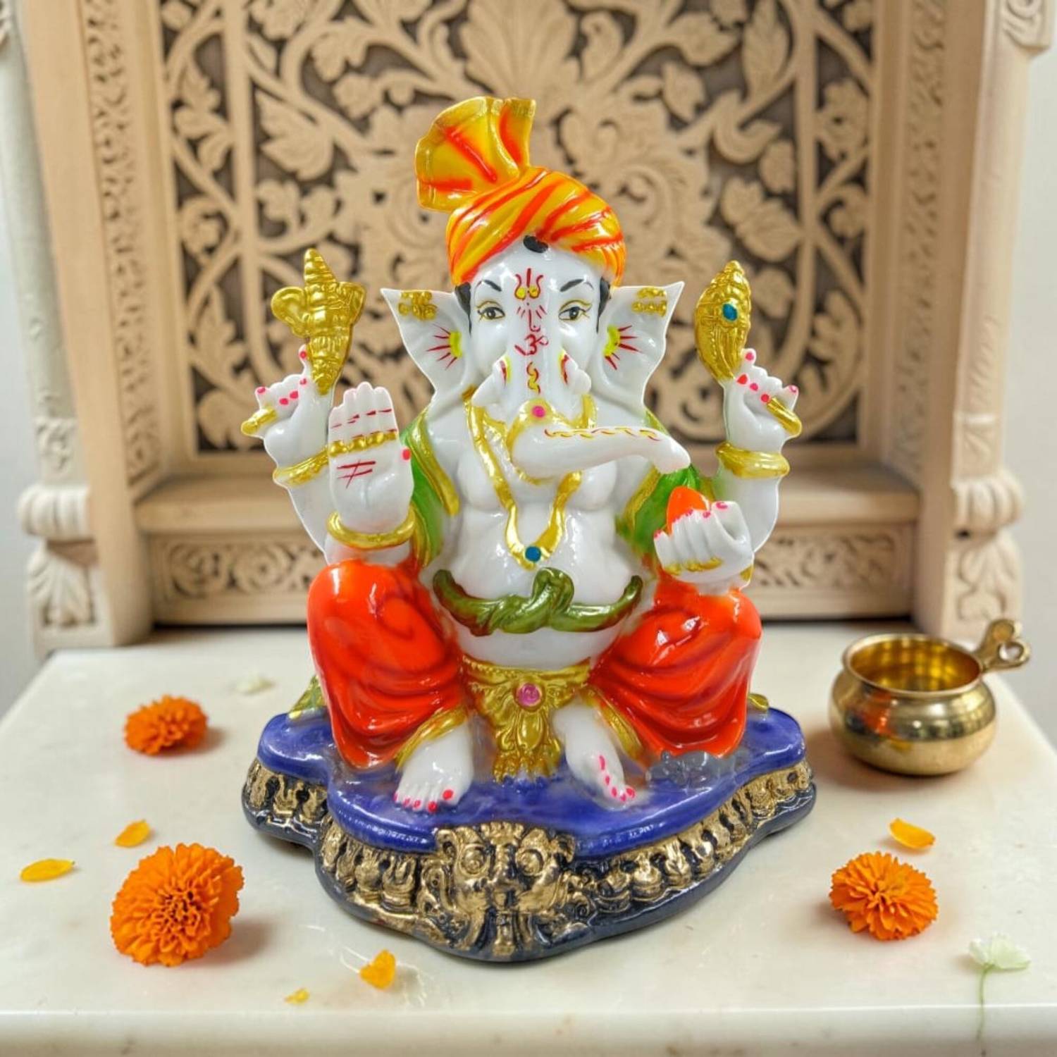 Anantamitra Lord Ganesha Idol for Home Pooja Room Office Decor & Spiritual Gifting Decorative Showpiece - 21 cm