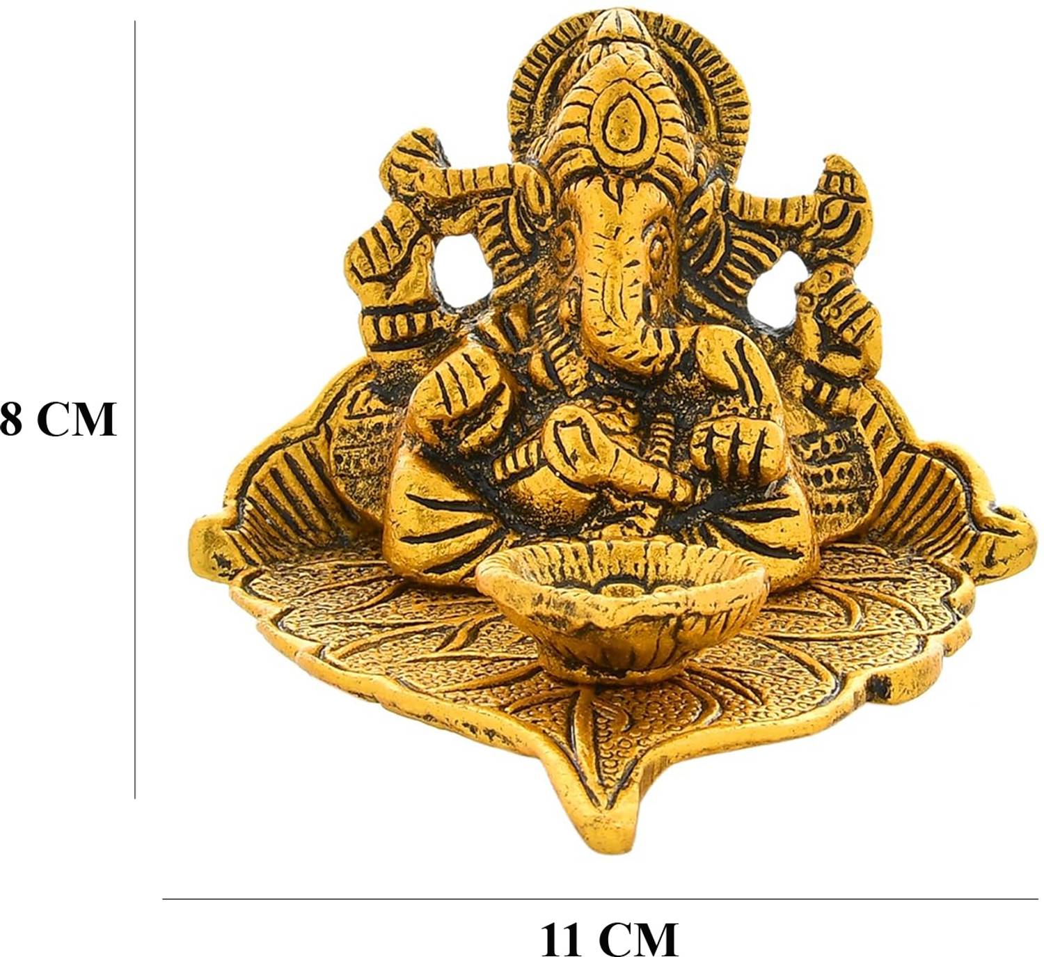 NOKTUS Metal Ganesh Diya Deepam for Good Luck Ganpati ji Sitting On Leaf with Diya Decorative Showpiece - 8 cm