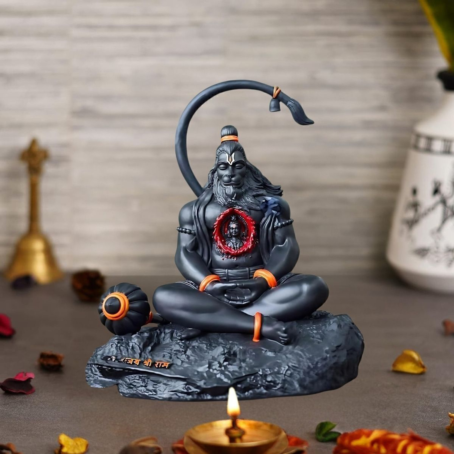 Image of Tiny Shiny Hanuman Ji Meditating Idol for Car Dashboard Pooja Gift Living Room Decorative Showpiece - 7 cm