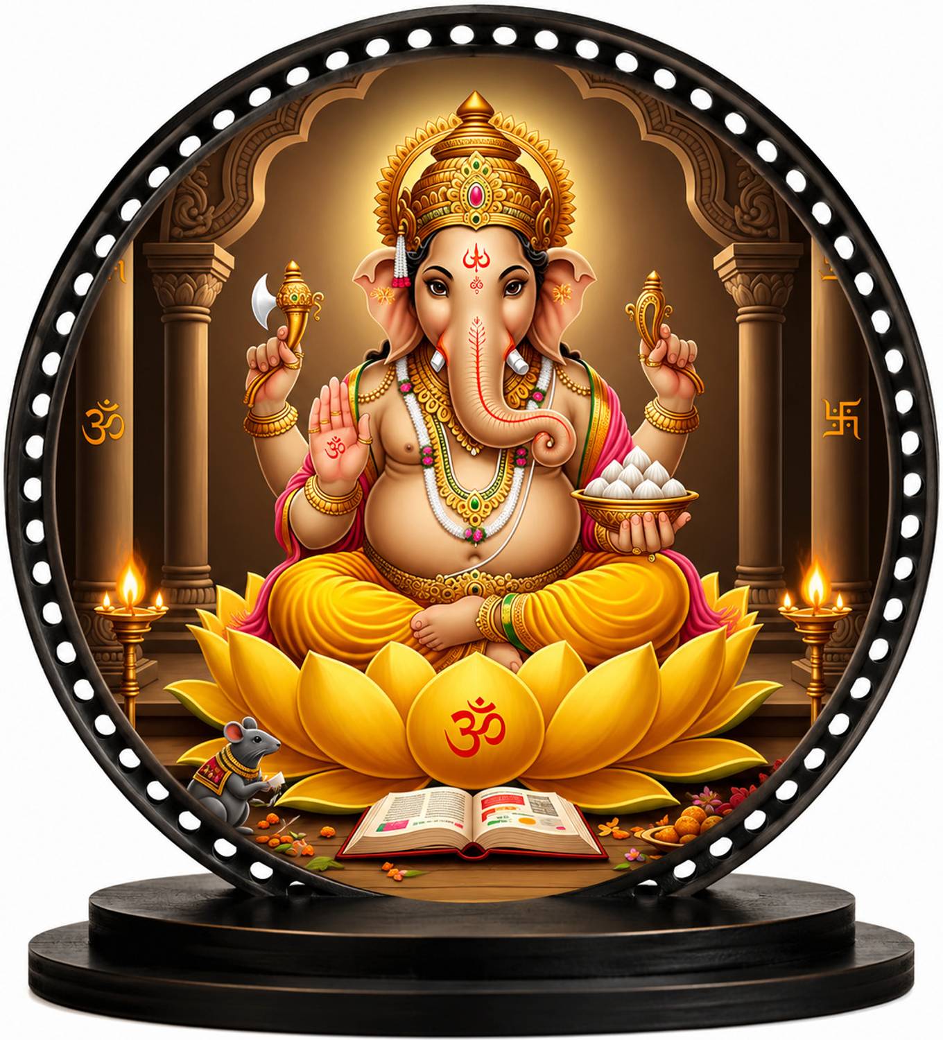 GIFTBHARAT Premium Lord Ganesha Wooden Circular Dashboard Decor Decorative Showpiece - 10 cm
