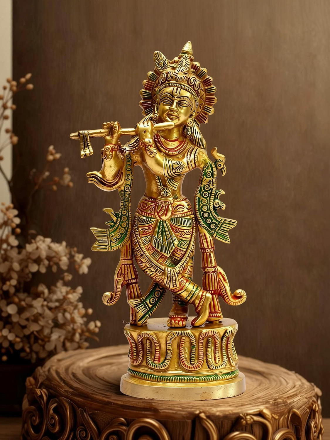 Image of Craftcart Lord Krishna Brass Idol | Premium Quality | Pure Brass | w: 1 Kg | Decorative Showpiece - 22.5 cm