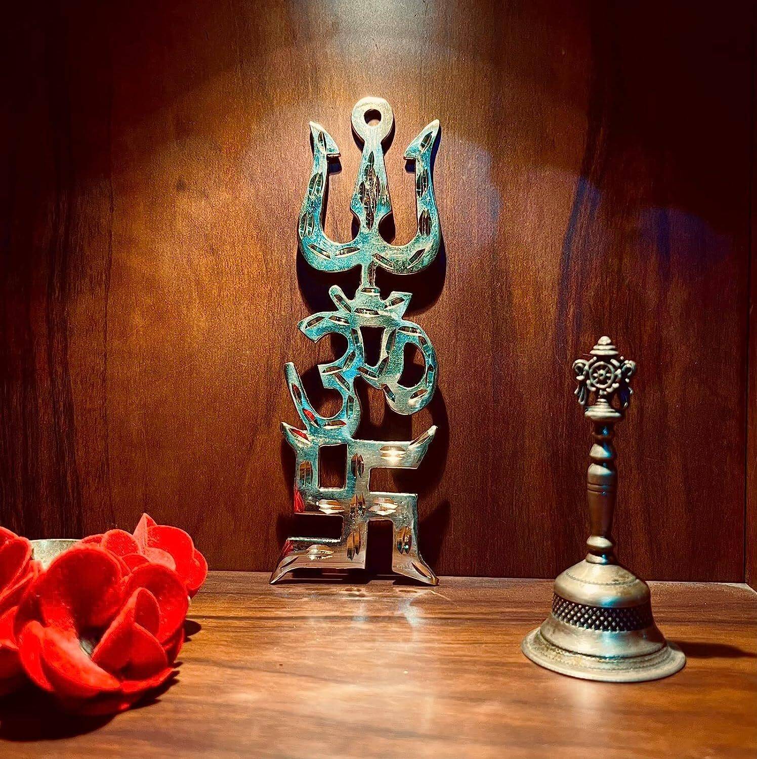 amishi blissful decor Swastik Om Trishul Vastu Trishakti Yantra Home Office Main Door Entrance Decor Decorative Showpiece  -  16 cm