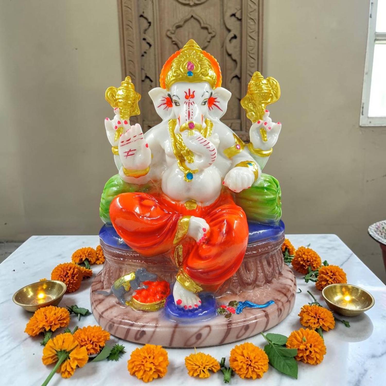 Anantamitra Lord Ganesha Idol on Traditional Pedestal for Home Pooja Ganpati Murti Decorative Showpiece - 20 cm
