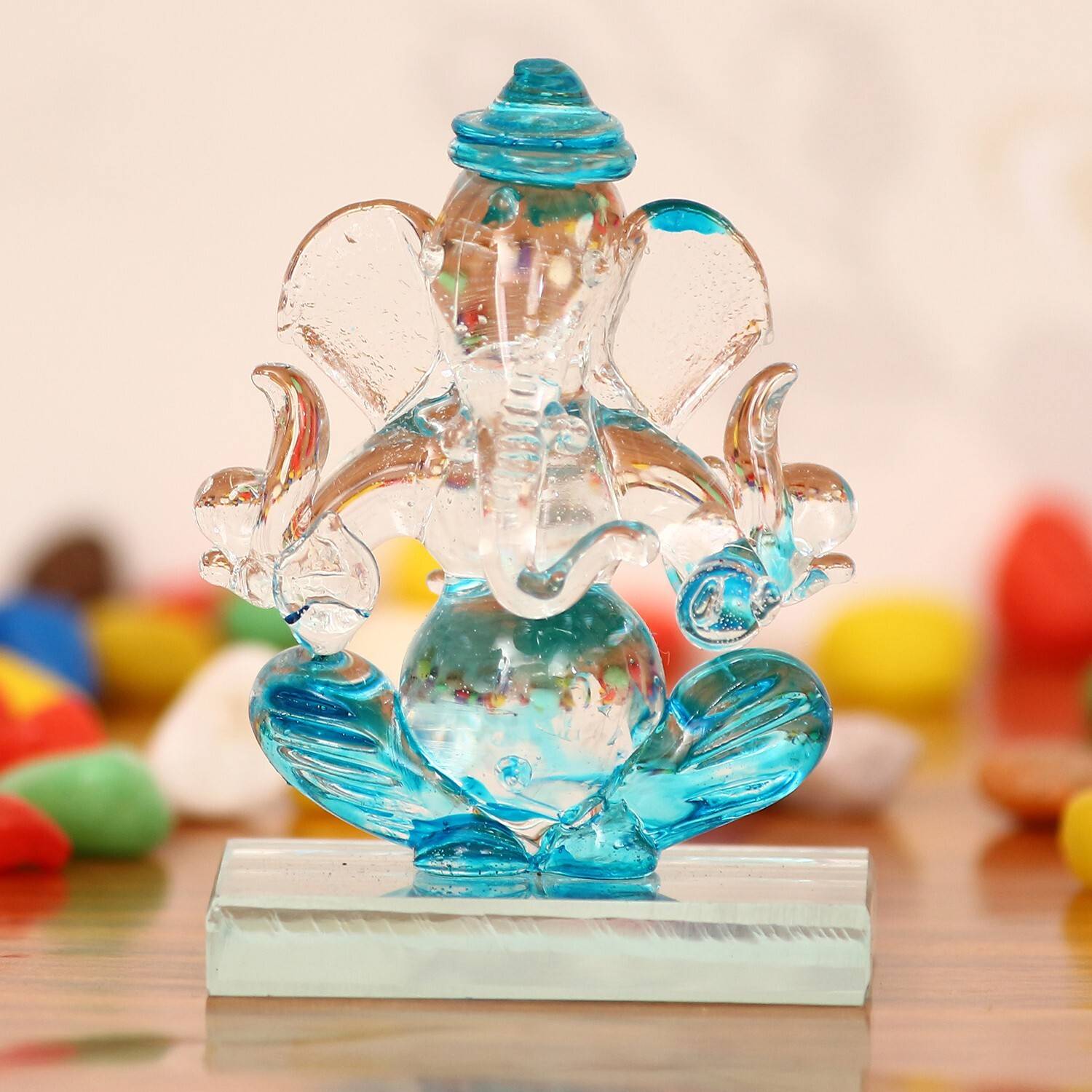 Artisyn Sky-blue and Transparent Double Sided Crystal Car Ganesha Showpiece Decorative Showpiece - 7.5 cm
