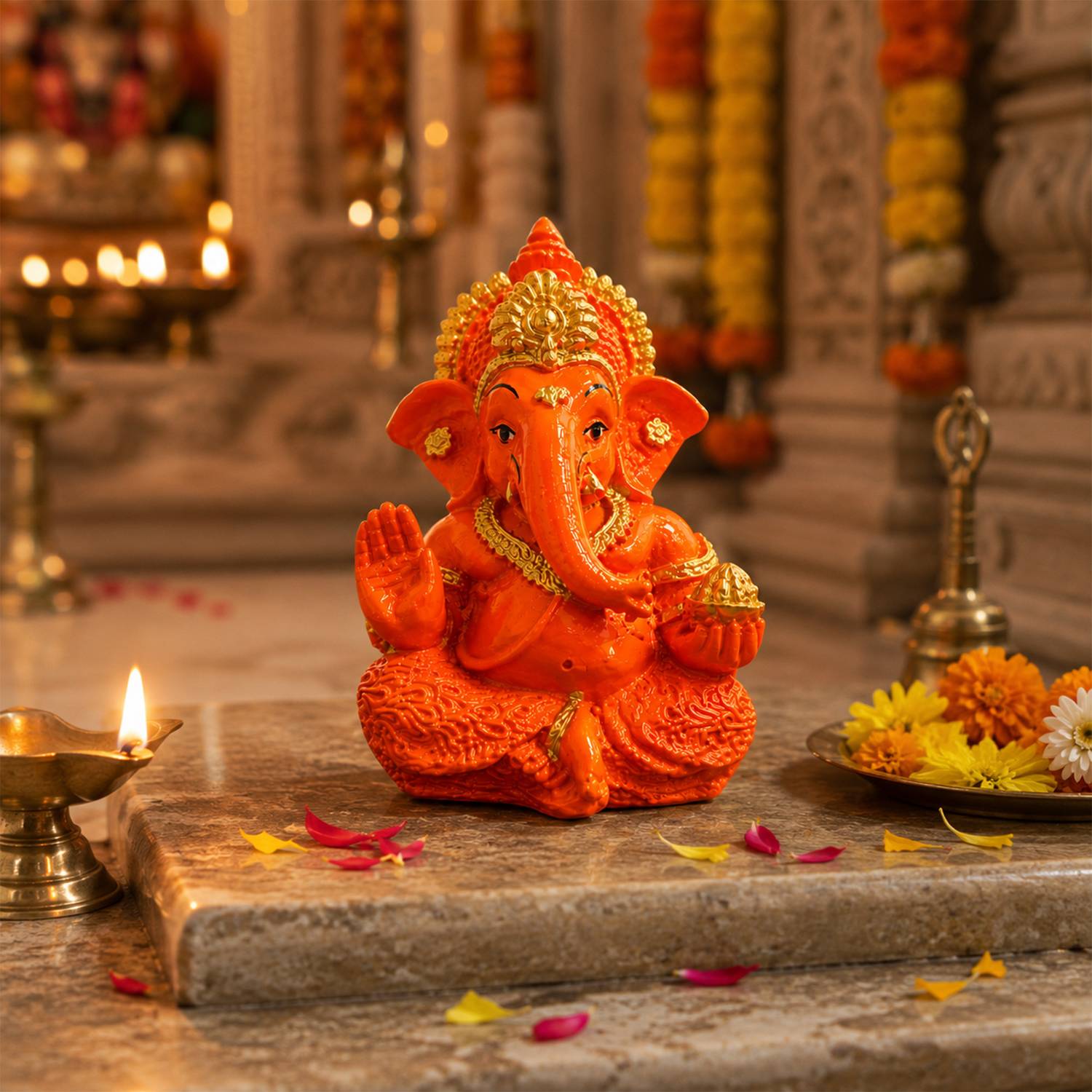 hari darshan Divya Murti Orange & Gold Ganesh Idol with Blessing Hand, Ganesha Murti Decorative Showpiece - 8.5 cm