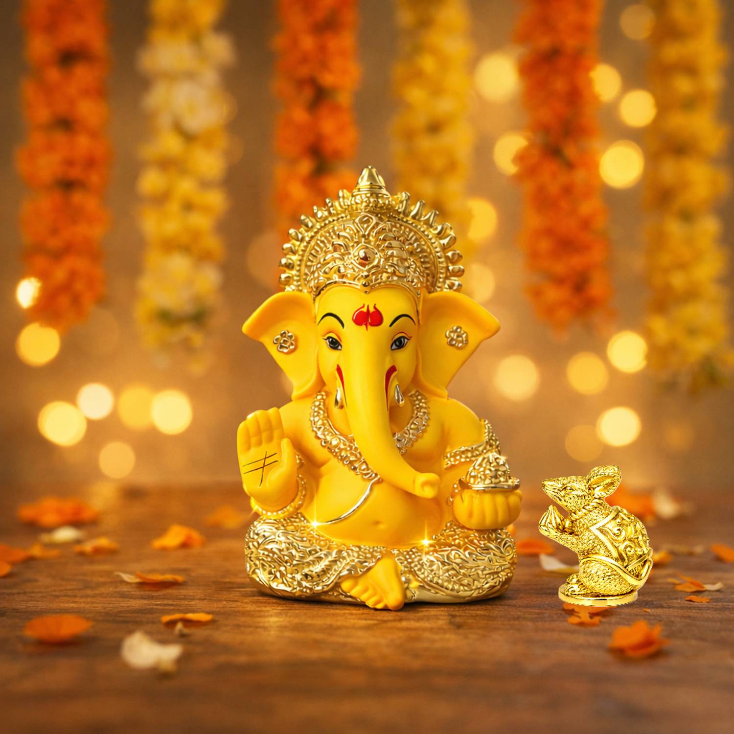 shyam lalla handicraft Ganpati Bappa Idol with Brass Mouse Combo Set for Car Dashboard & Temple Office Decorative Showpiece - 9 cm