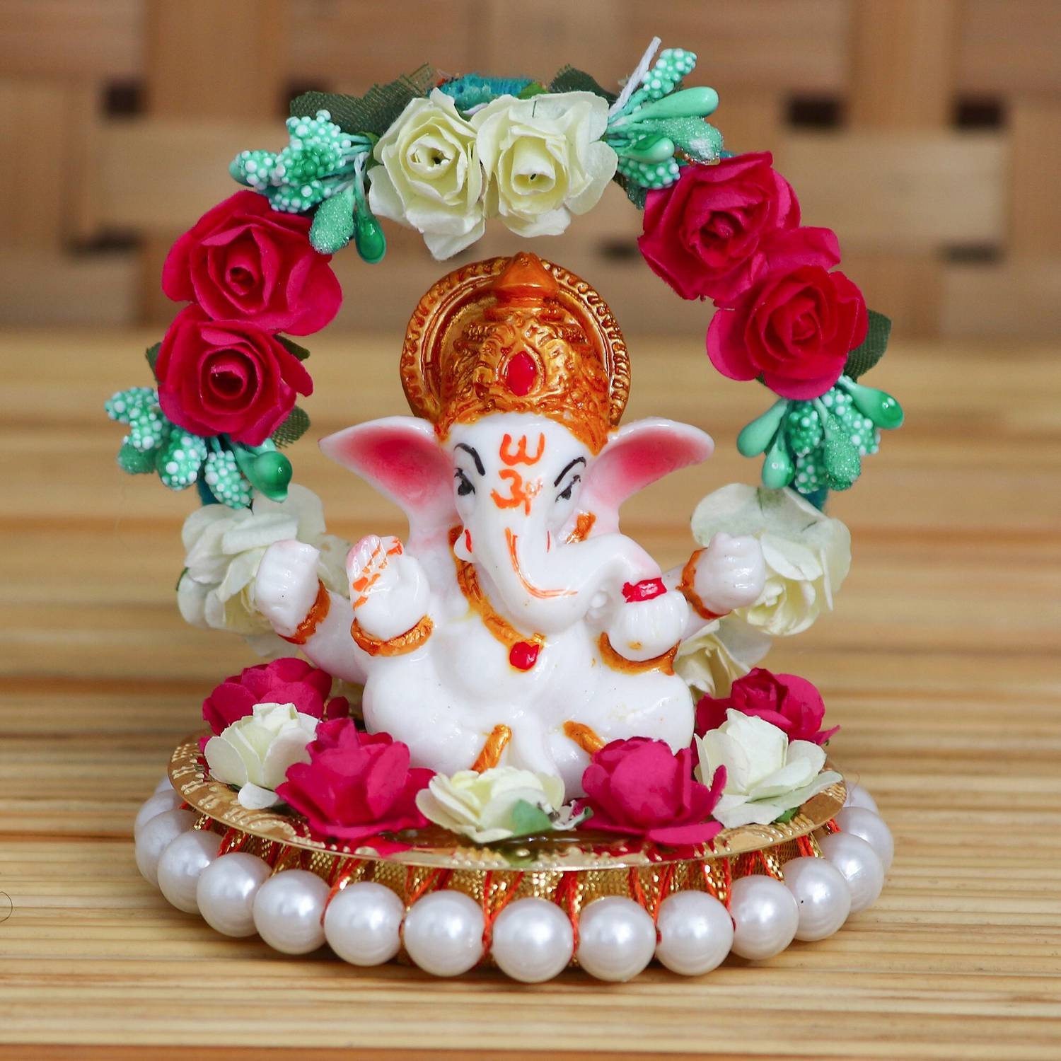 Artisyn Lord Ganesha Idol on Decorative Handcrafted Plate with Throne of Colorful Flowers Decorative Showpiece - 9.5 cm