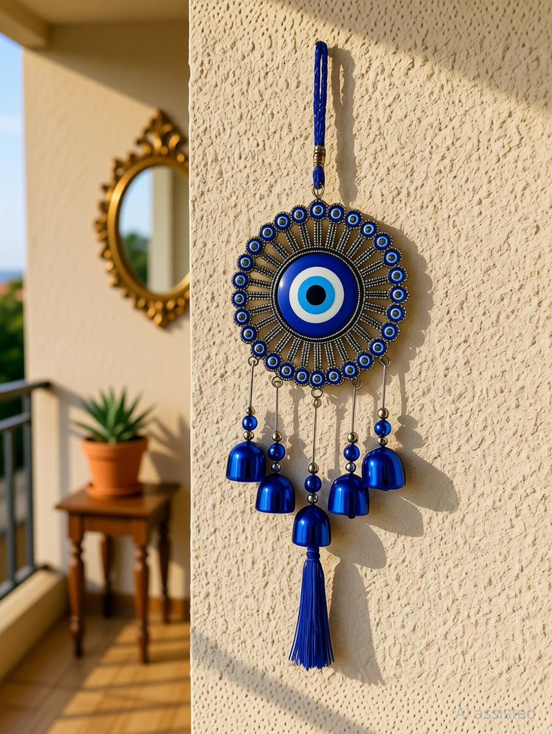 Image of sculpmart Evil Eye Wind Chime with 5 Bells,Tassel(Latkan) & 31 Small Evil Eyes For Hanging Decorative Showpiece - 35 cm