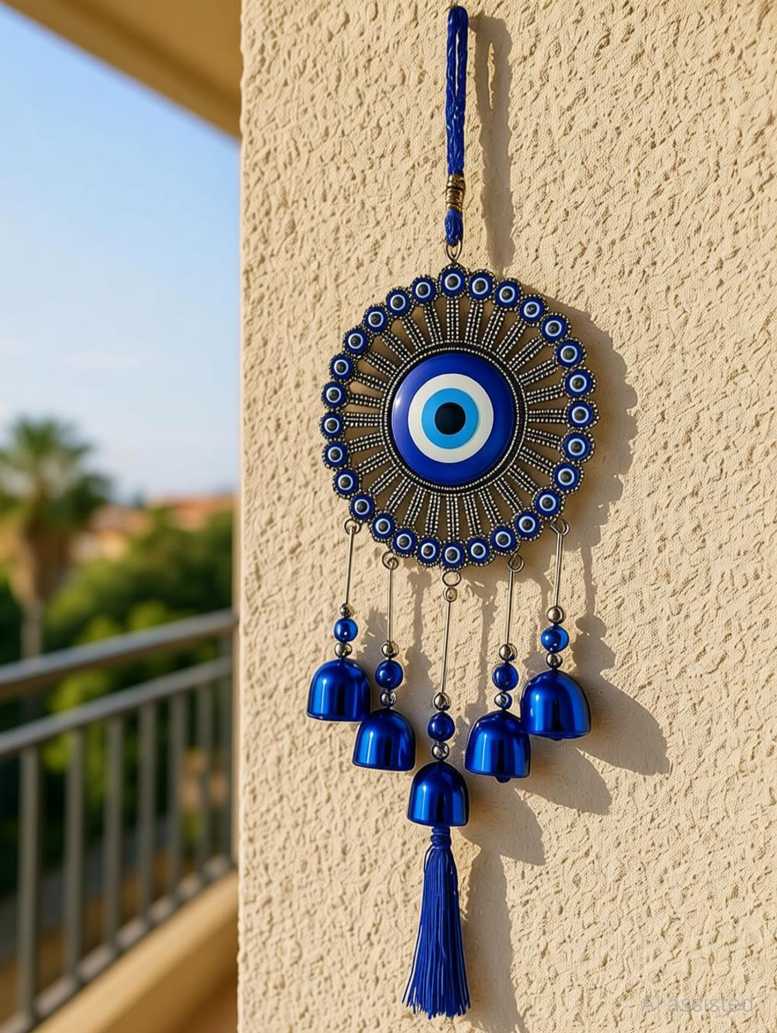 Image of sculpmart Evil Eye Wind Chime with 5 Bells,Tassel(Latkan) & 31 Small Evil Eyes For Hanging Decorative Showpiece - 35 cm