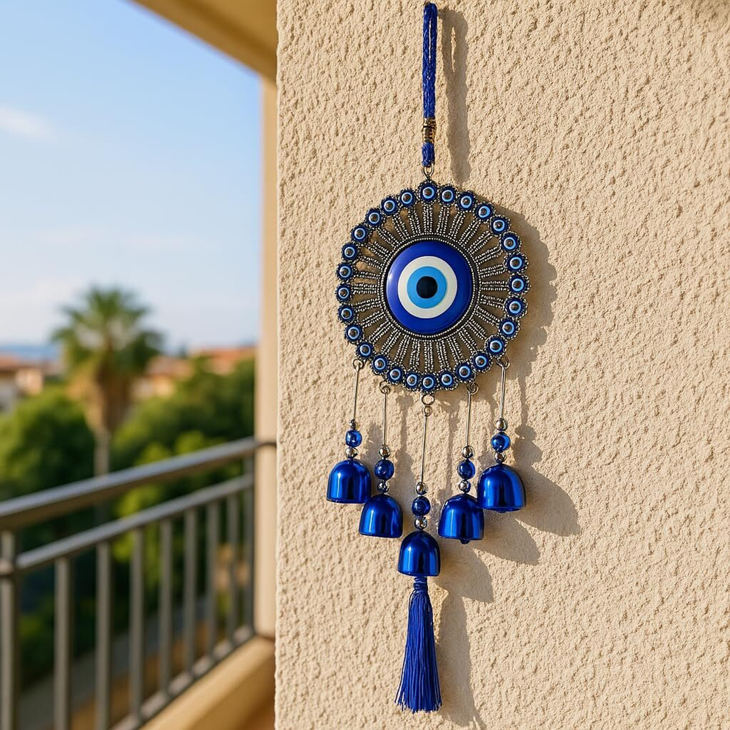 Image of sculpmart Evil Eye Wind Chime with 5 Bells,Tassel(Latkan) & 31 Small Evil Eyes For Hanging Decorative Showpiece - 35 cm
