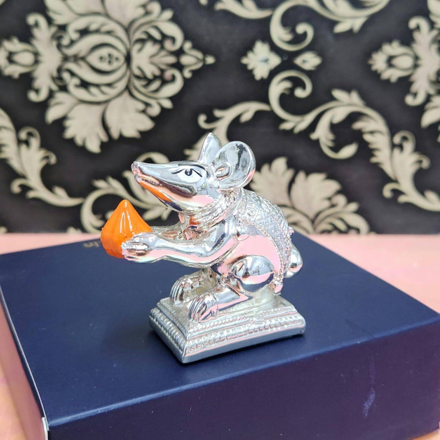 Arnavira 999 Silver Plated Mushak Idol for Ganpati Pooja Decorative Showpiece  -  6 cm